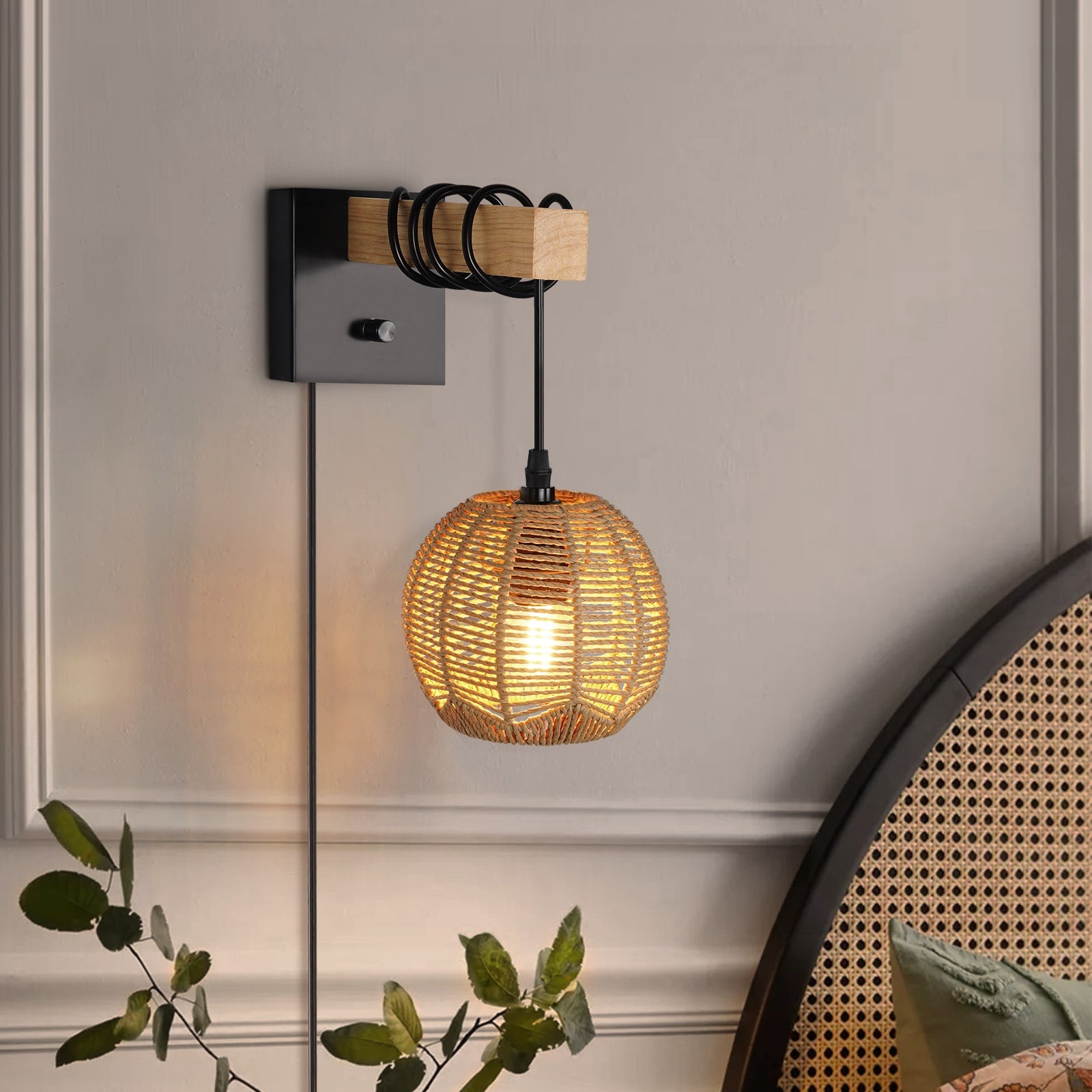 N01 Rattan Wall Sconce Lamp Dimmable Boho with Hand-woven Shade