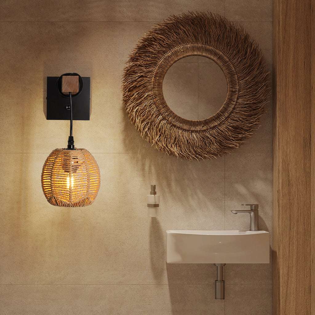 N01 Rattan Boho Wall Sconce - Dimmable LED Lighting for Any Space(Bulb Included）