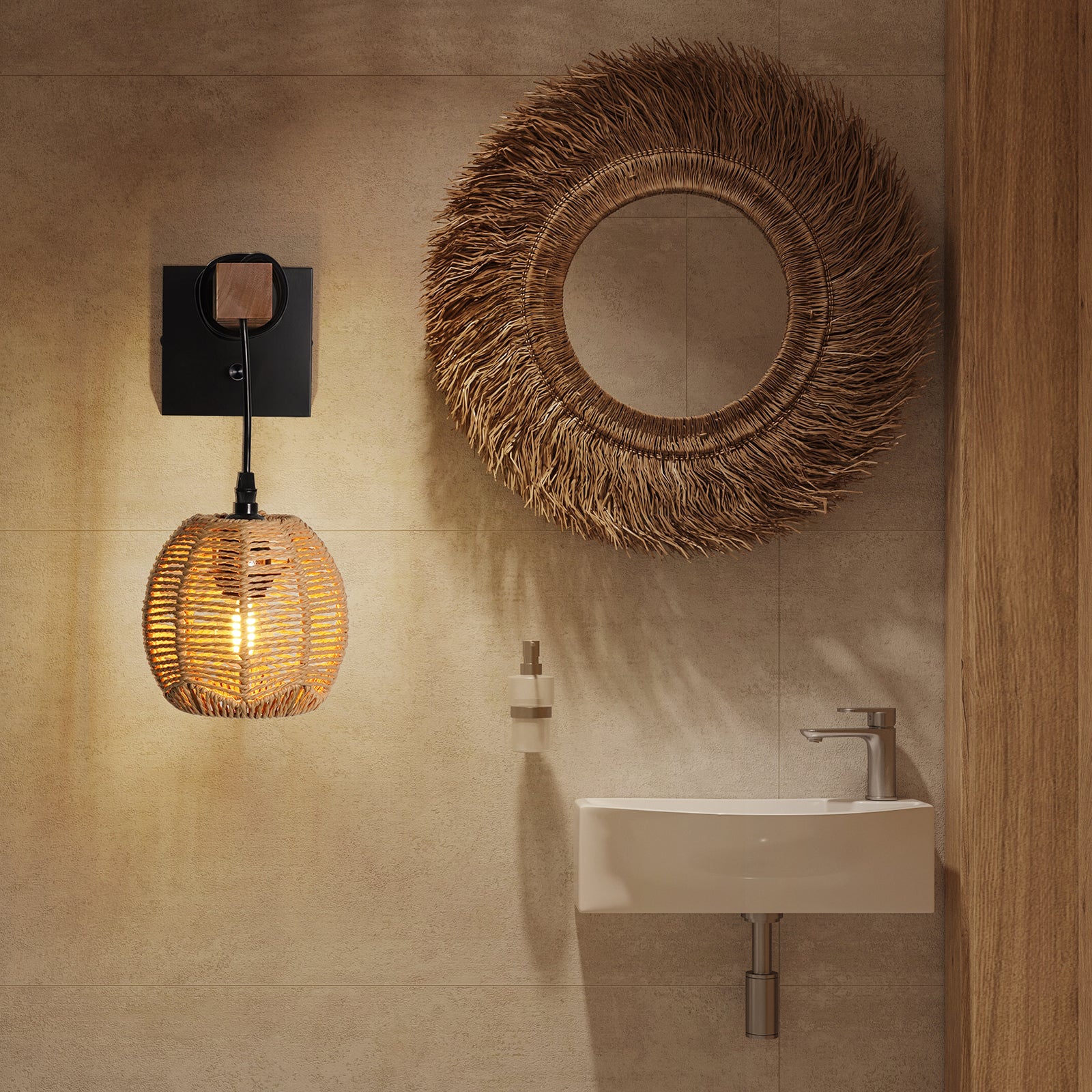 N01 Rattan Boho Wall Sconce - Dimmable LED Lighting for Any Space(Bulb Included）
