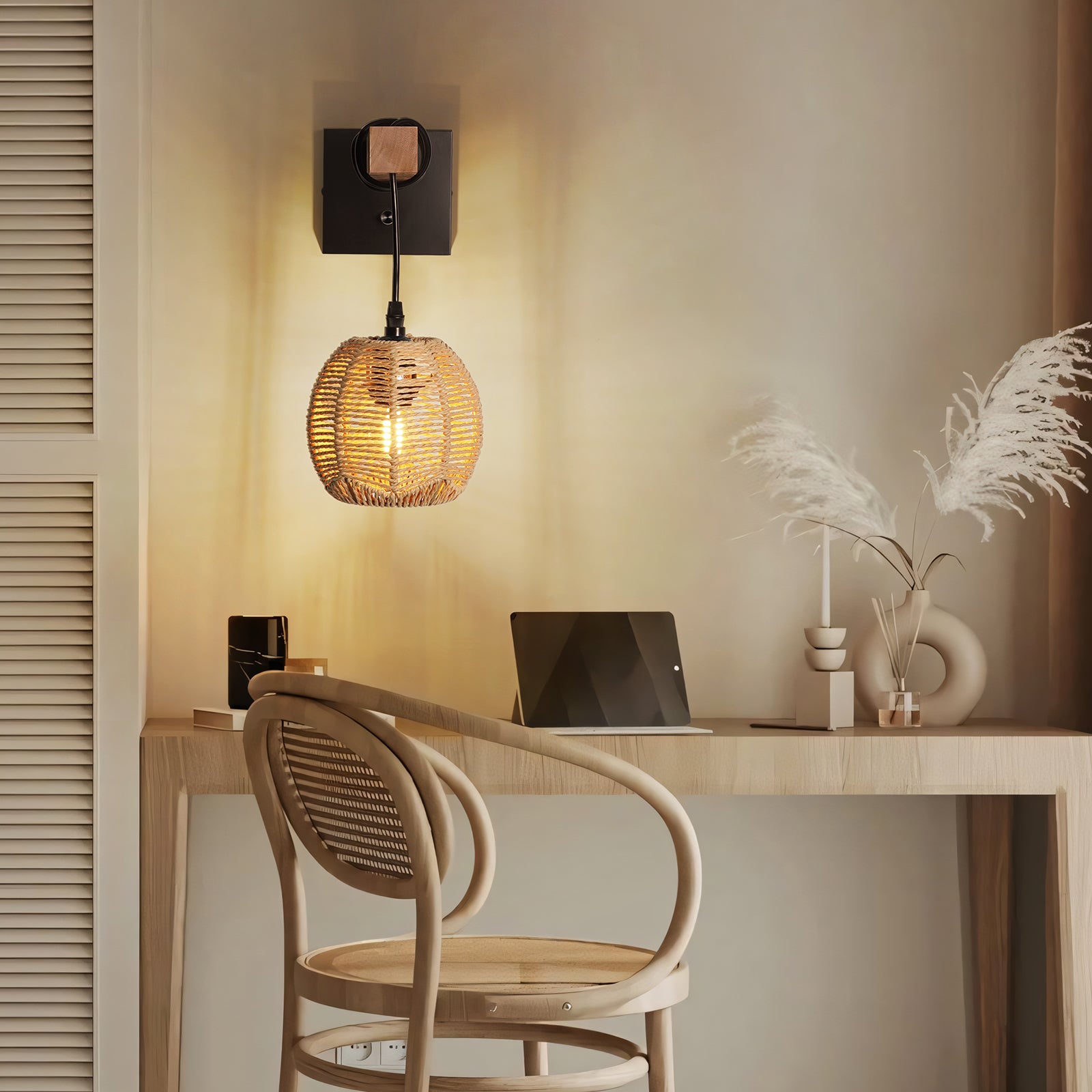 N01 Rattan Boho Wall Sconce - Dimmable LED Lighting for Any Space(Bulb Included）