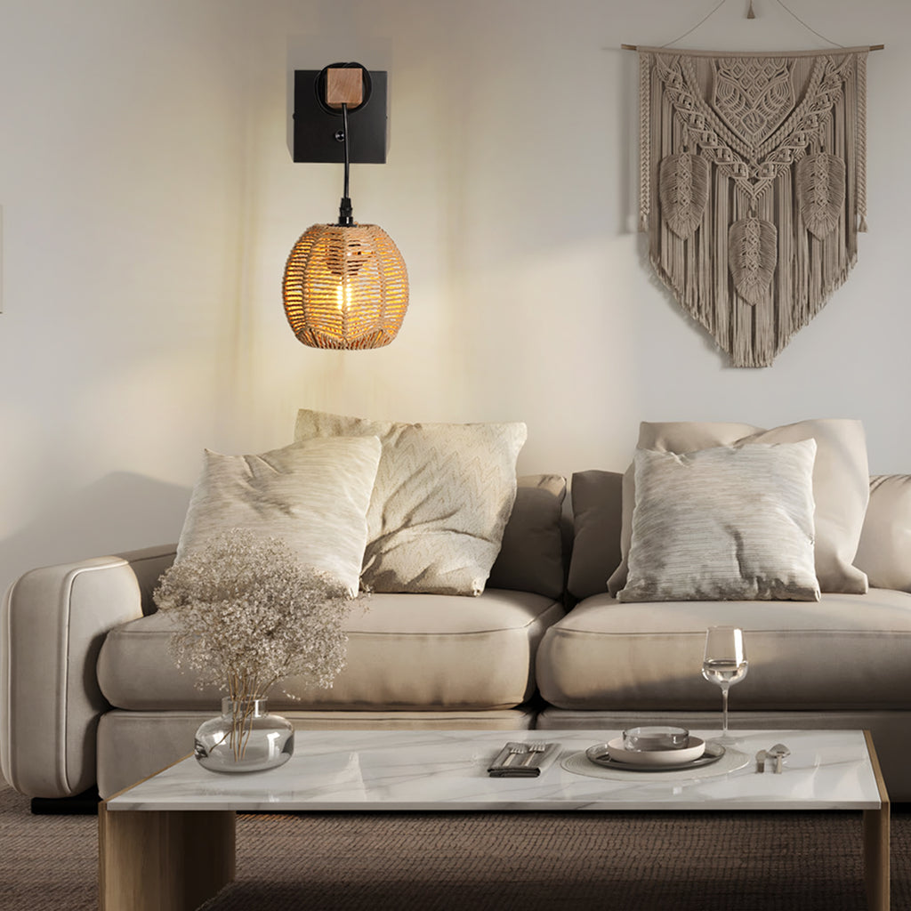 N01 Rattan Boho Wall Sconce - Dimmable LED Lighting for Any Space(Bulb Included）