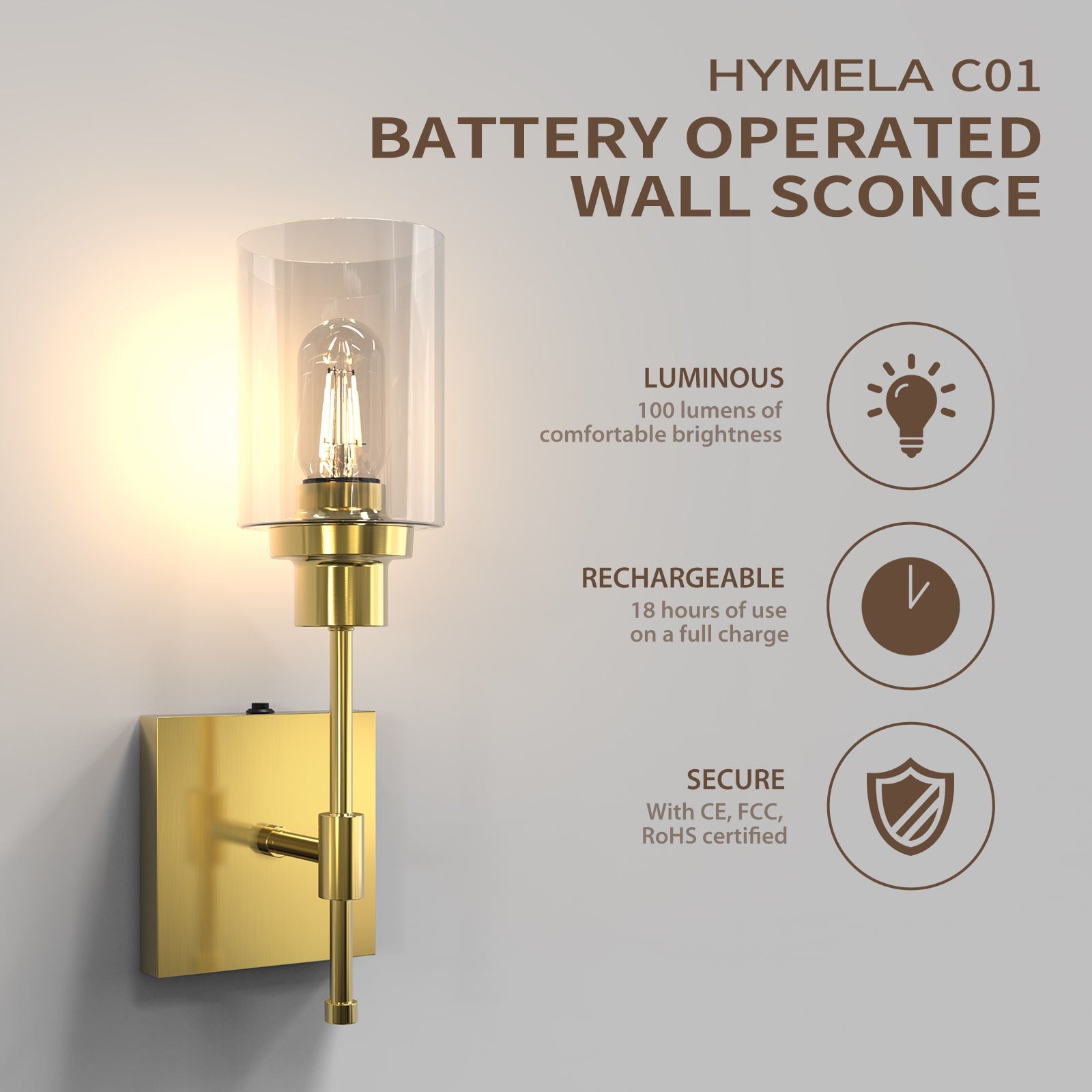 C01 Battery Operated Wall Sconces Cordless Rechargeable with Glass Shade for Bedroom