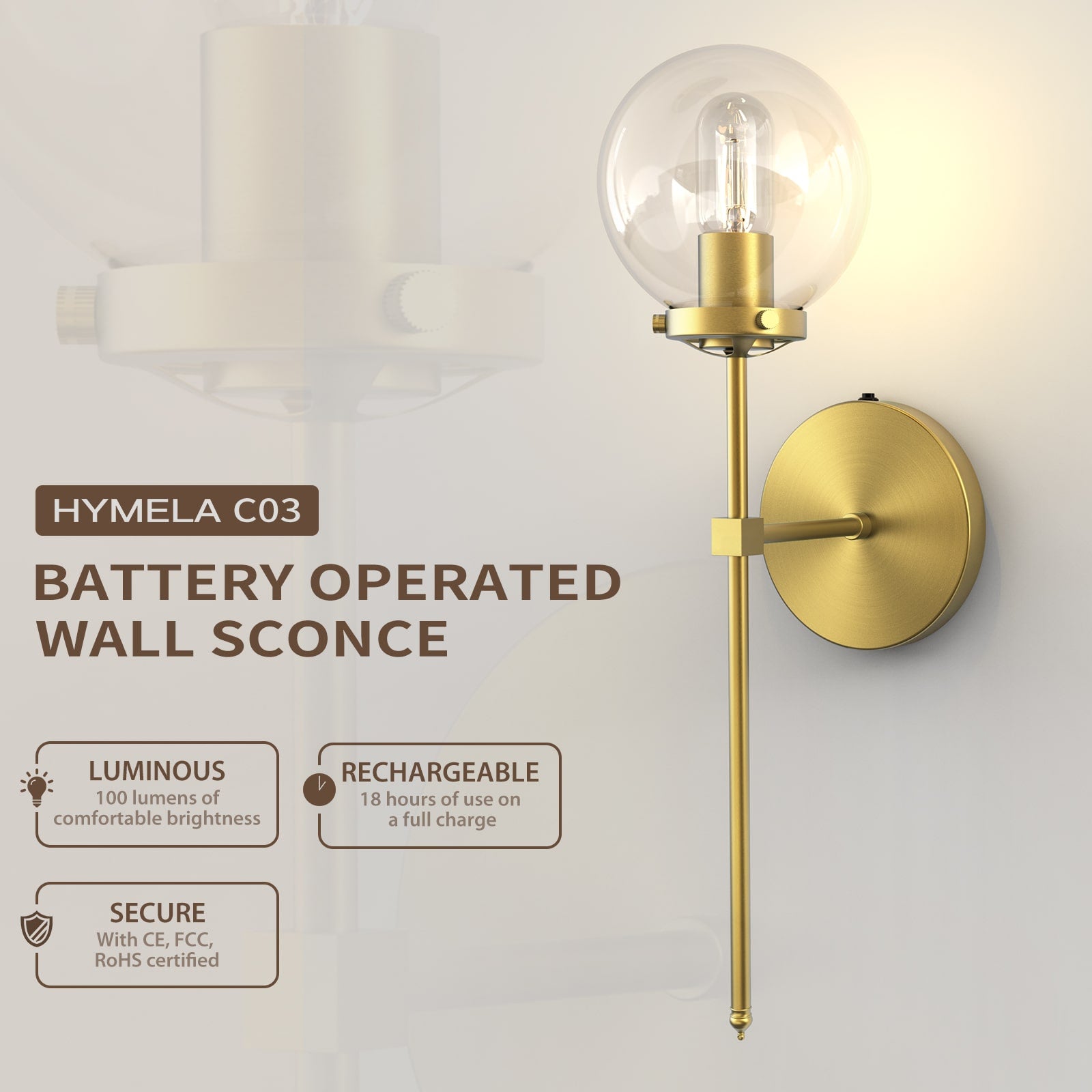 C03 Battery Operated Wall Sconces with Clear Glass Shade Cordless for Bathroom Hallway Mirror(Bulb Included)