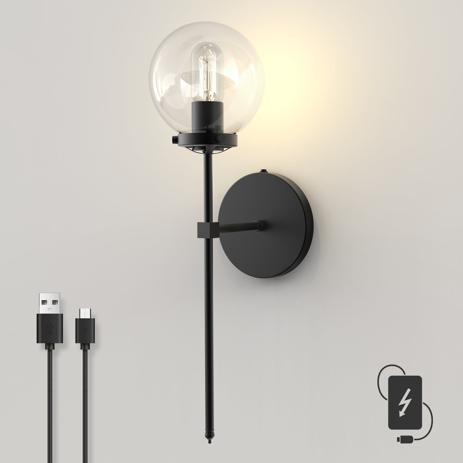 C03 Rechargeable Hallway Wall Sconce Lighting with Glass Lampshade