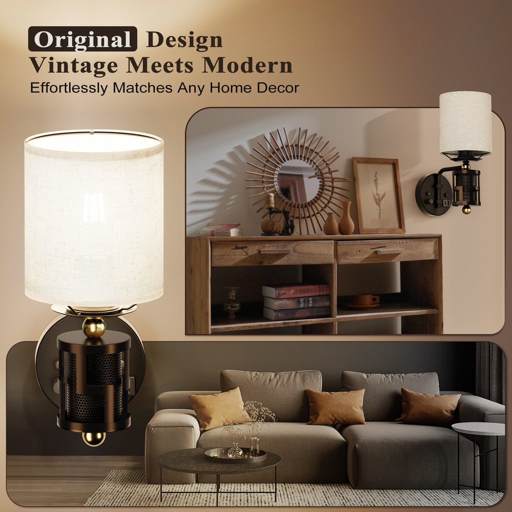 V07-1 Dimmable Modern Wall Sconce with Beige Linen Lampshade for Living Room