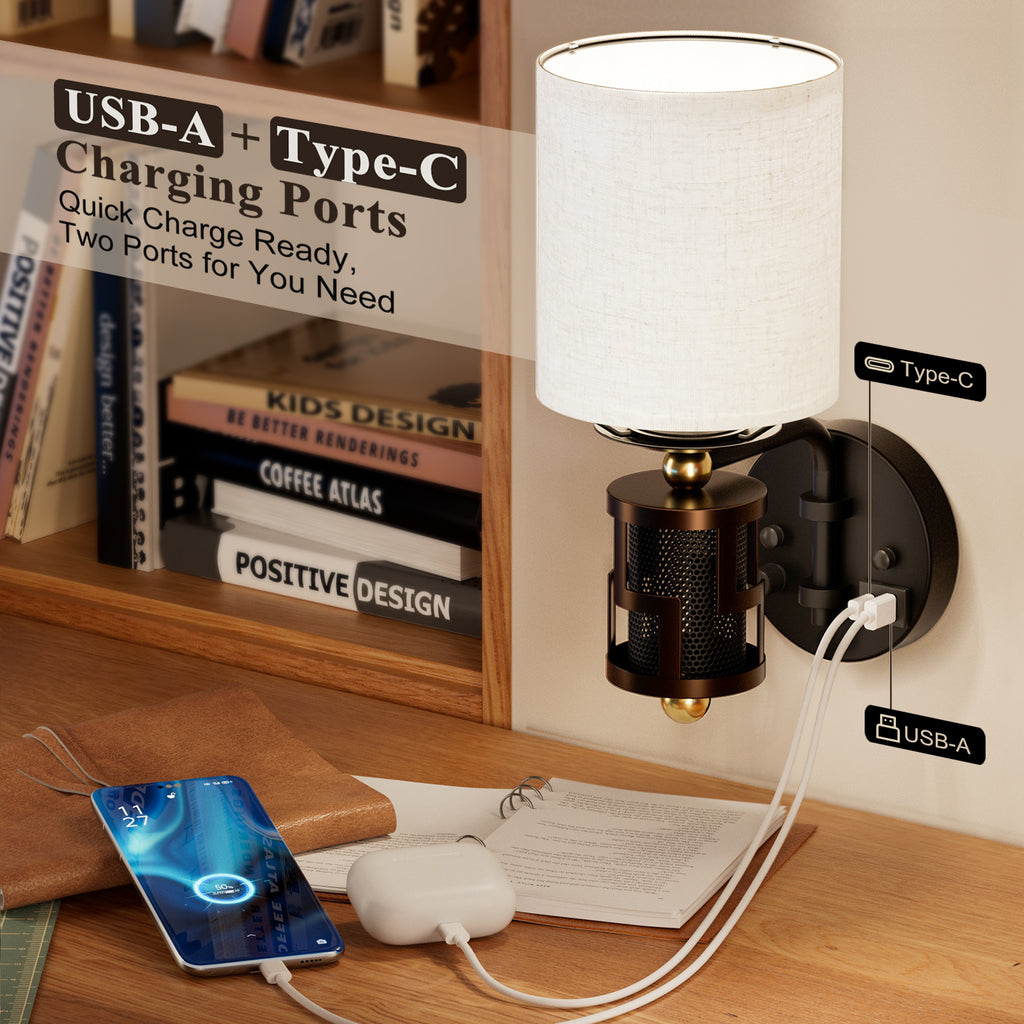 V07-1 Dimmable Modern Wall Sconce with Beige Linen Lampshade for Living Room