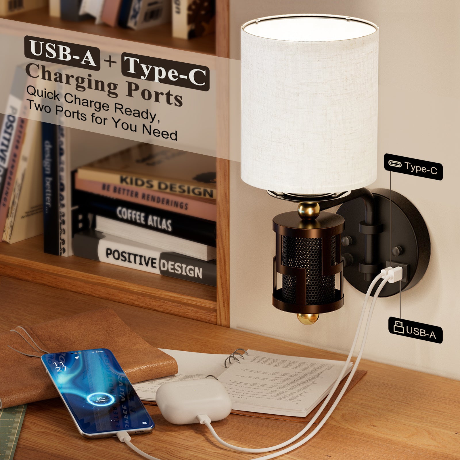 V07-1 Dimmable Modern Wall Sconce with Beige Linen Lampshade for Living Room