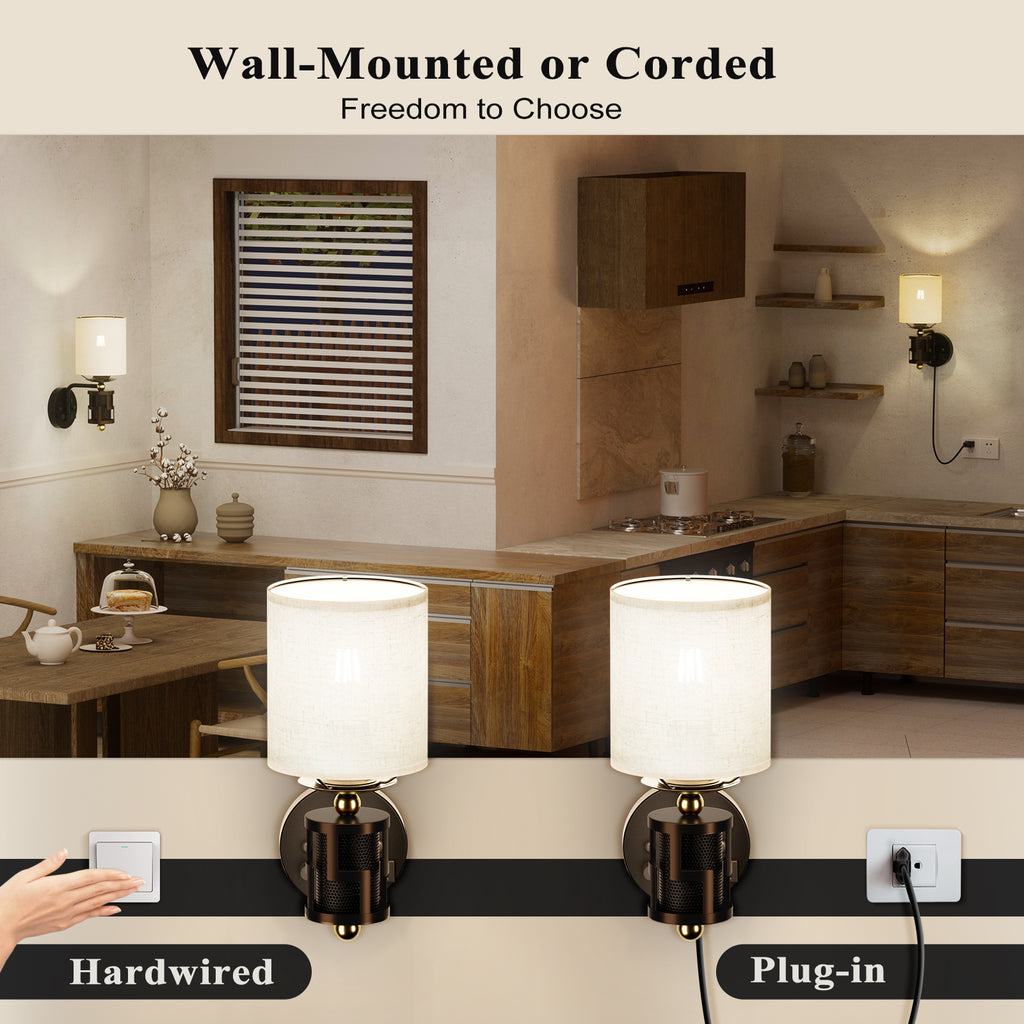 V07-1 Dimmable Modern Wall Sconce with Beige Linen Lampshade for Living Room