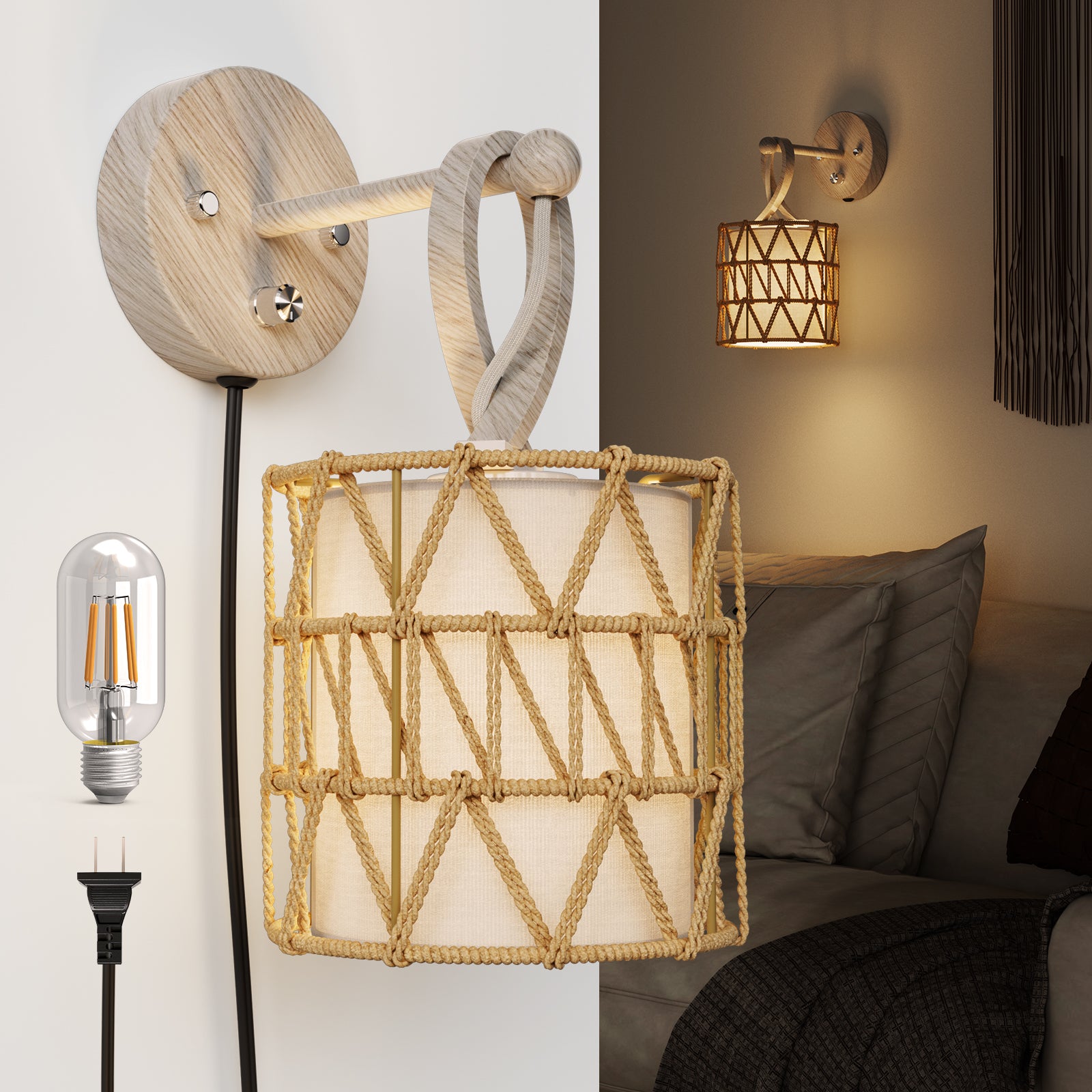 N12-1 Boho Rattan Wall Sconce 0-100% Dimmable For All Home Styles