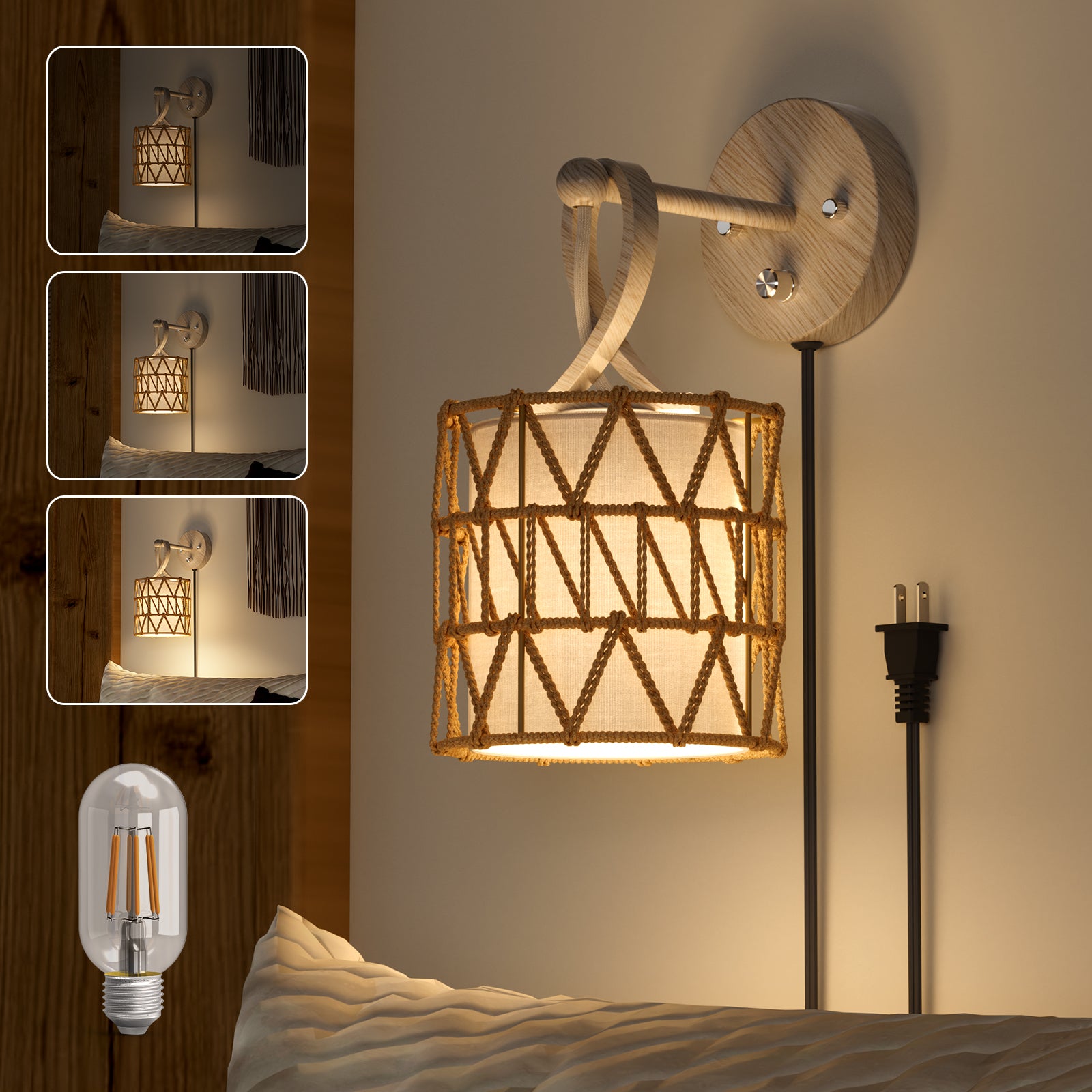 N12-3 Boho Rattan Wall Sconce Double Head Vanity Lights Fixtures for Mirro