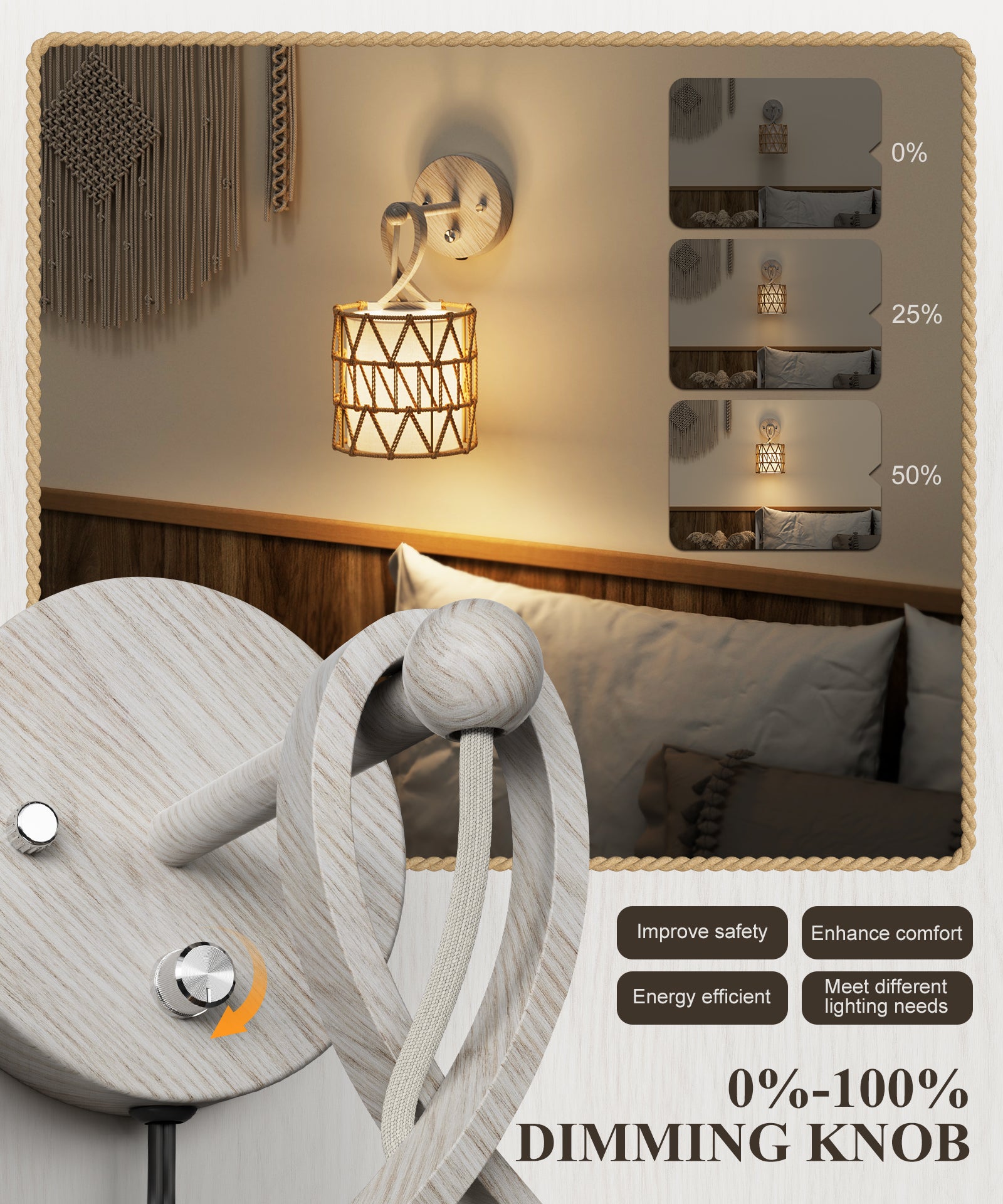 N12-1 Boho Rattan Wall Sconce 0-100% Dimmable For All Home Styles