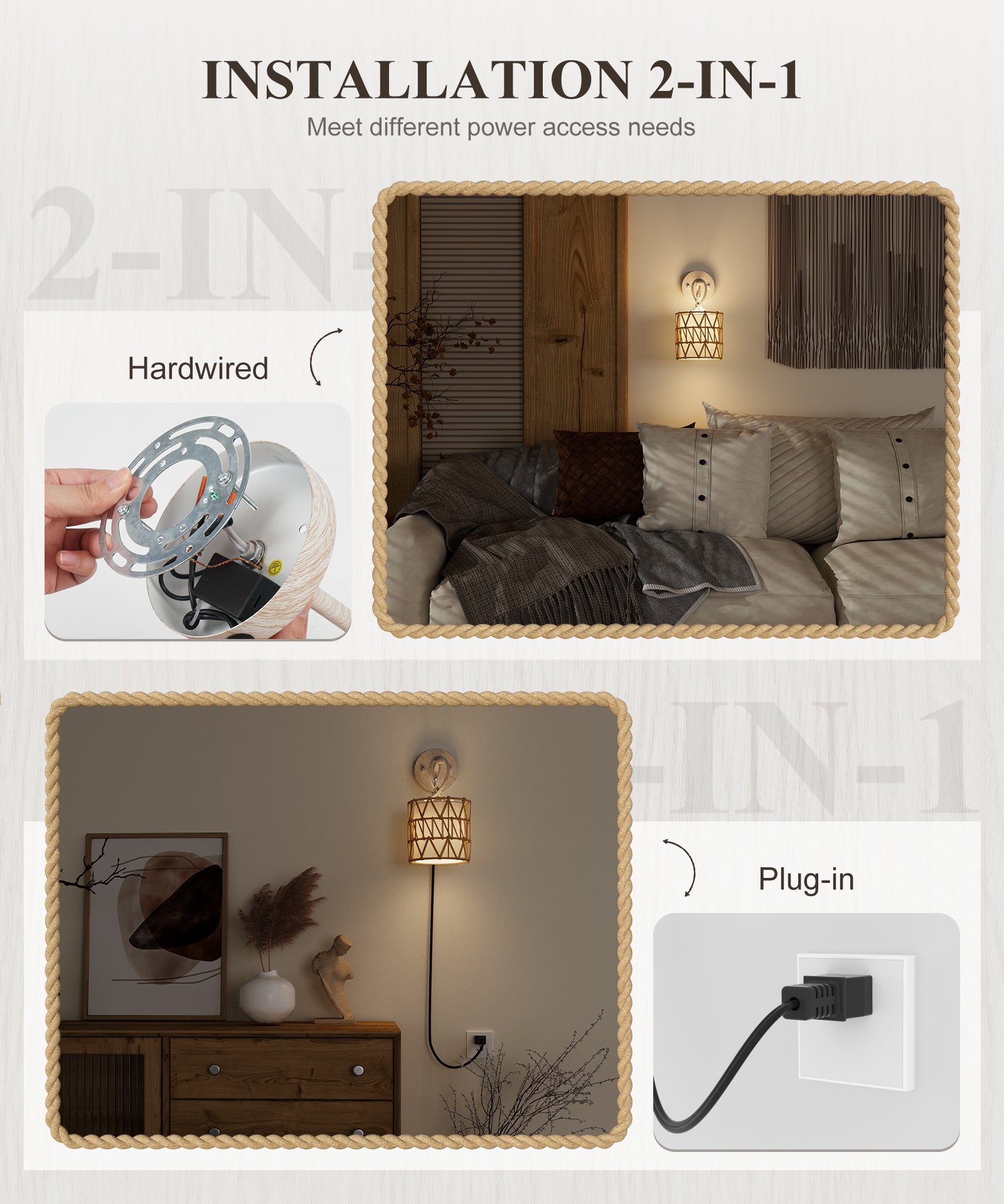 N12-1 Boho Rattan Wall Sconce 0-100% Dimmable For All Home Styles