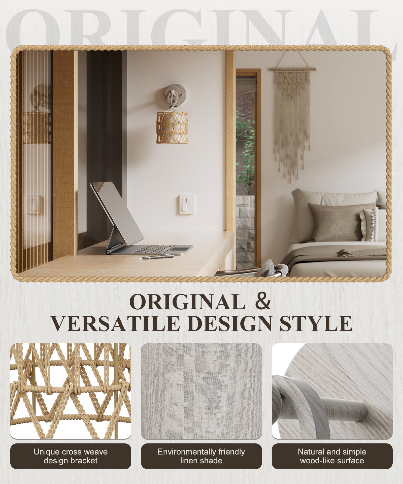 N12-1 Boho Rattan Wall Sconce 0-100% Dimmable For All Home Styles