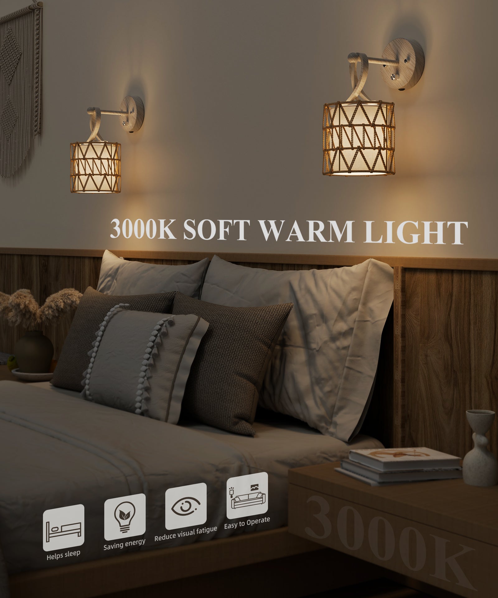 N12-1 Boho Rattan Wall Sconce 0-100% Dimmable For All Home Styles