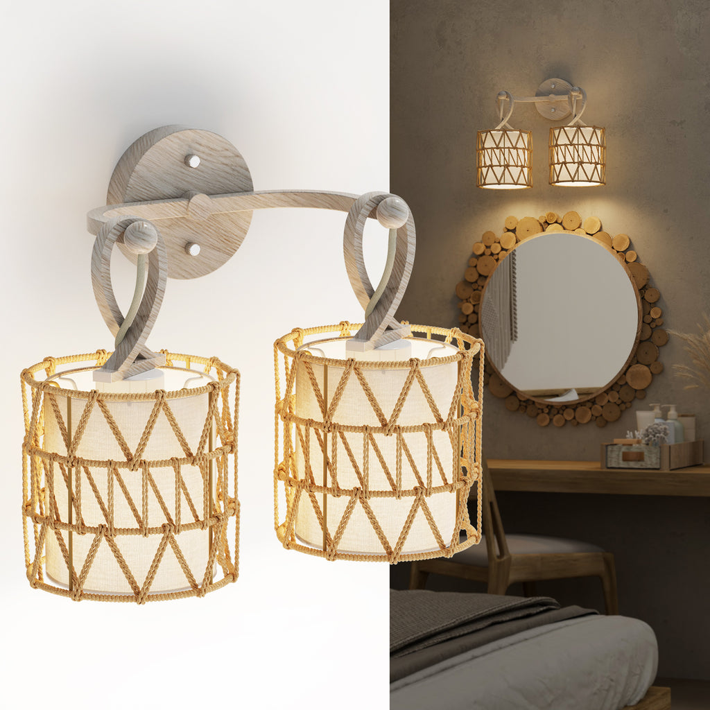 N12-3 Boho Rattan Wall Sconce Double Head Vanity Lights Fixtures for Mirro