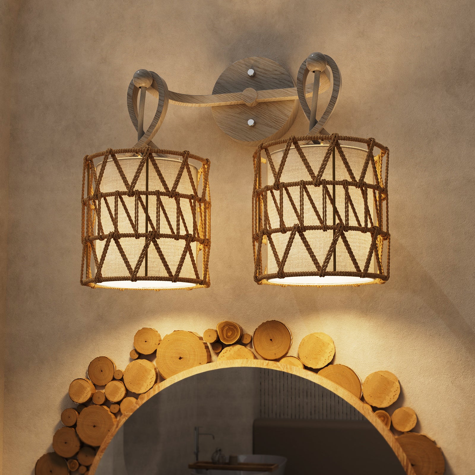 N12-3 Boho Rattan Wall Sconce Double Head Vanity Lights Fixtures for Mirro