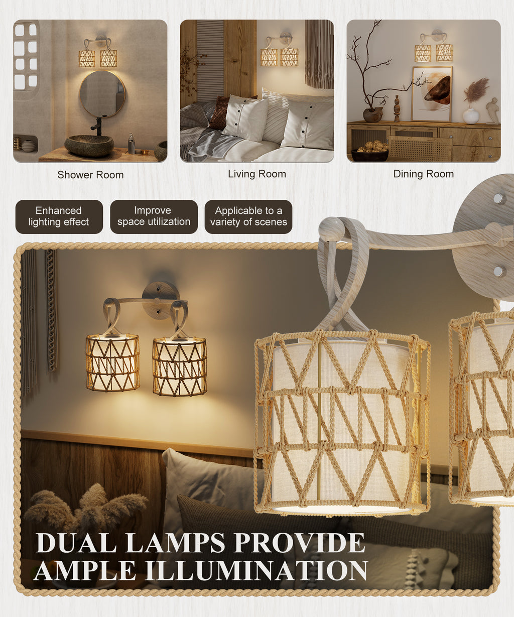 N12-3 Boho Rattan Wall Sconce Double Head Vanity Lights Fixtures for Mirro