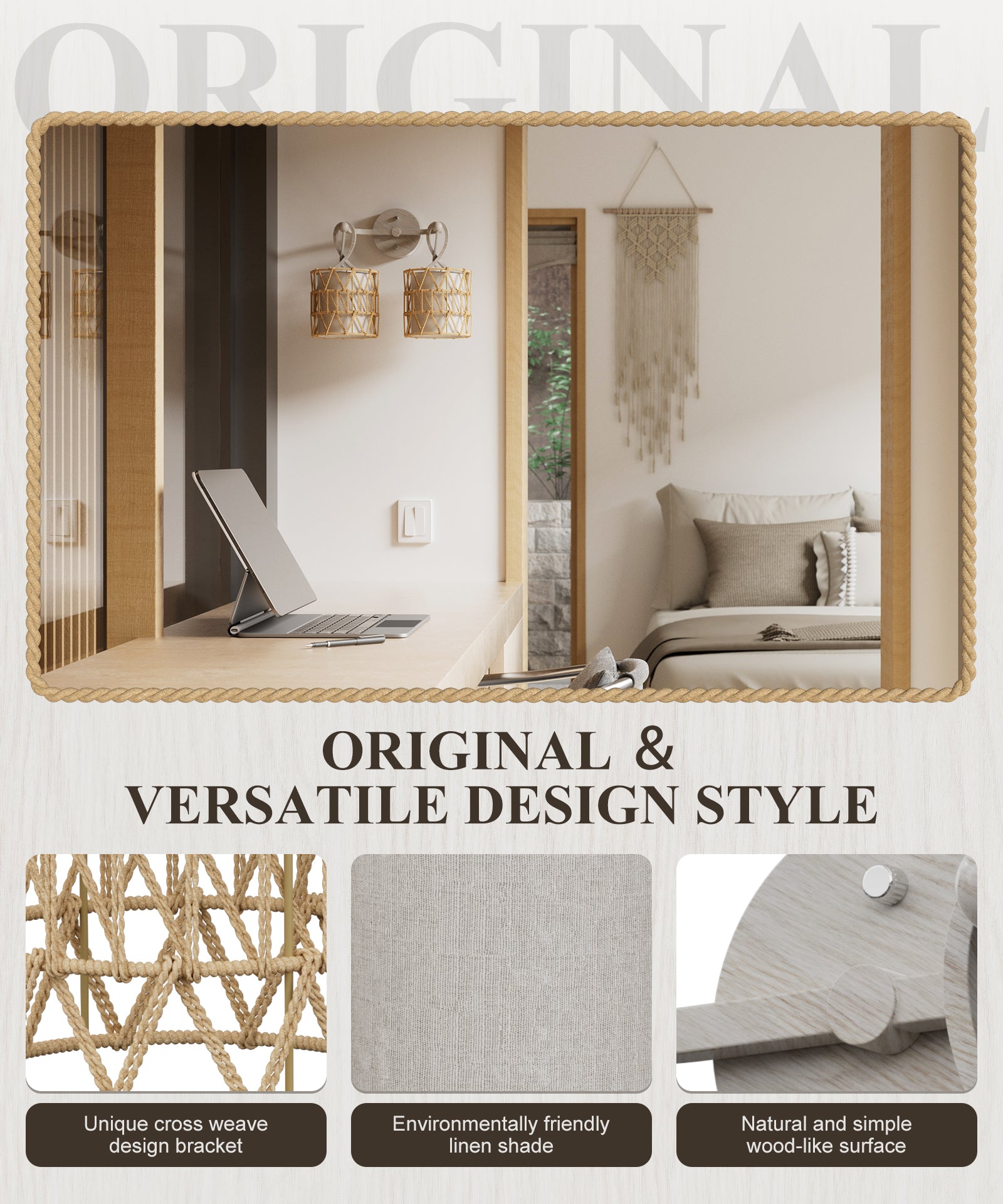 N12-3 Boho Rattan Wall Sconce Double Head Vanity Lights Fixtures for Mirro