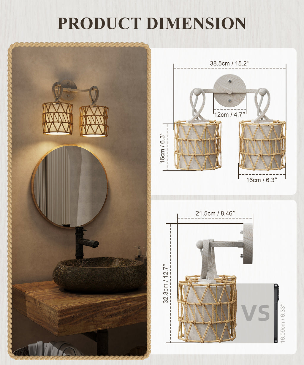 N12-3 Boho Rattan Wall Sconce Double Head Vanity Lights Fixtures for Mirro