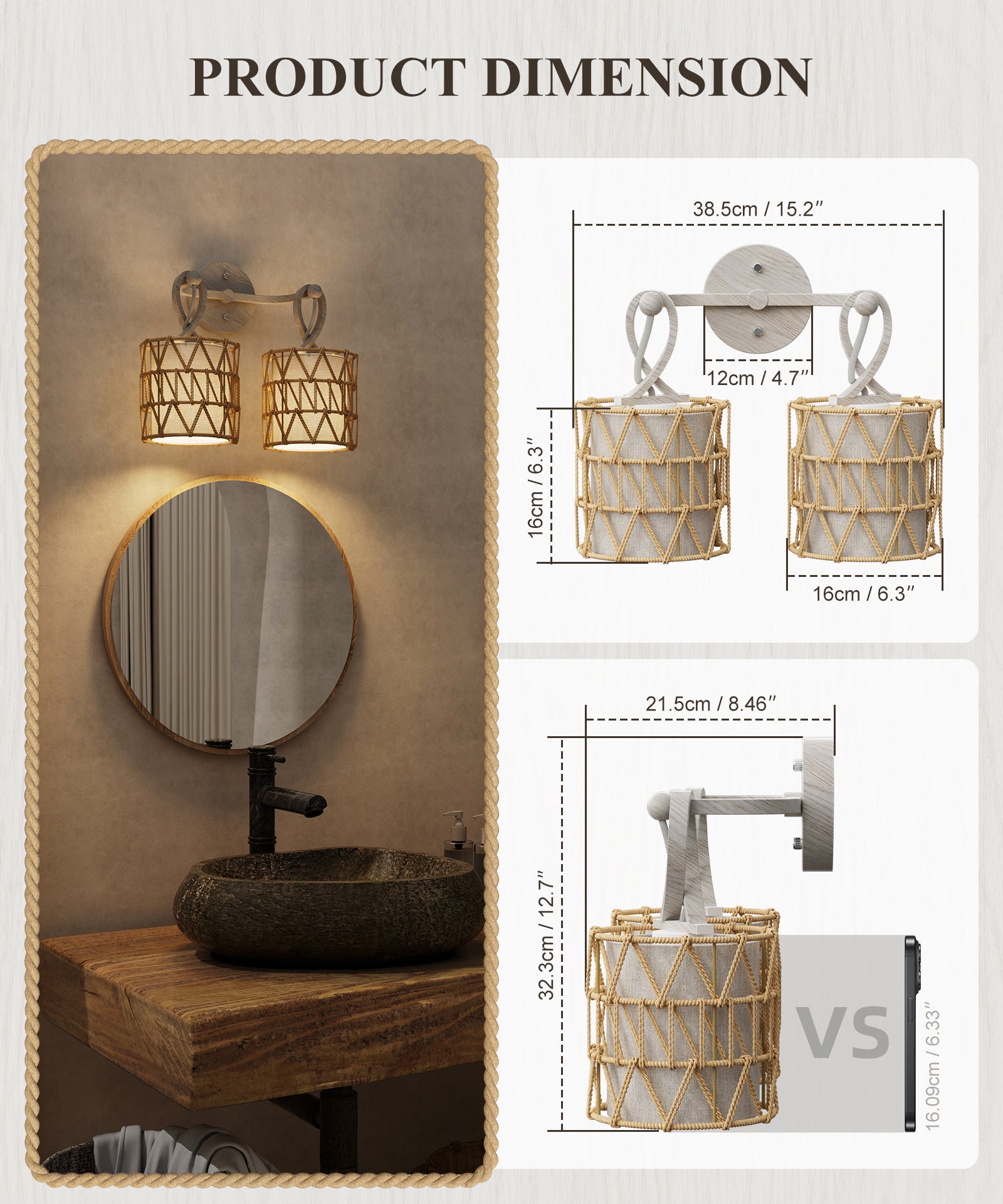 N12-3 Boho Rattan Wall Sconce Double Head Vanity Lights Fixtures for Mirro