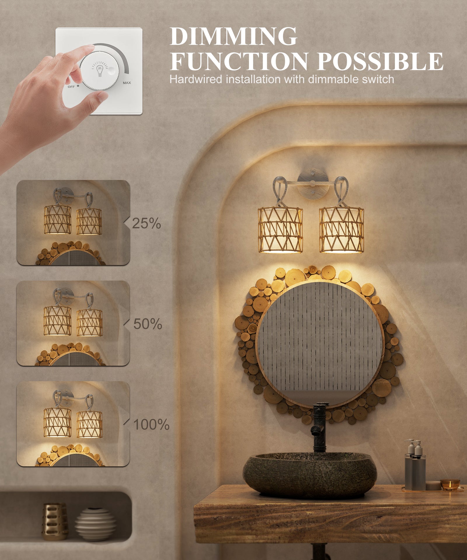 N12-3 Boho Rattan Wall Sconce Double Head Vanity Lights Fixtures for Mirro