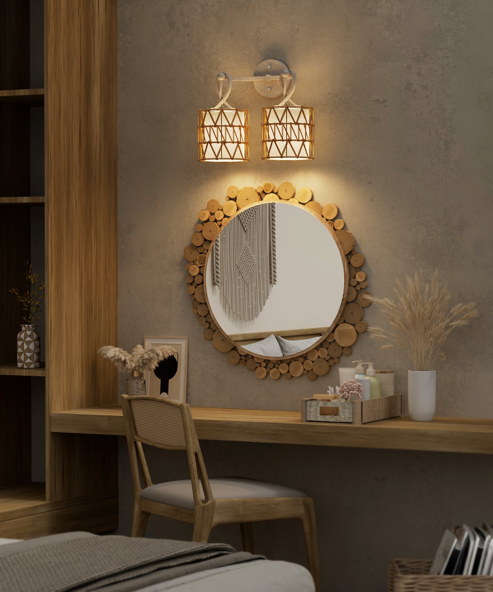 N12-3 Boho Rattan Wall Sconce Double Head Vanity Lights Fixtures for Mirro