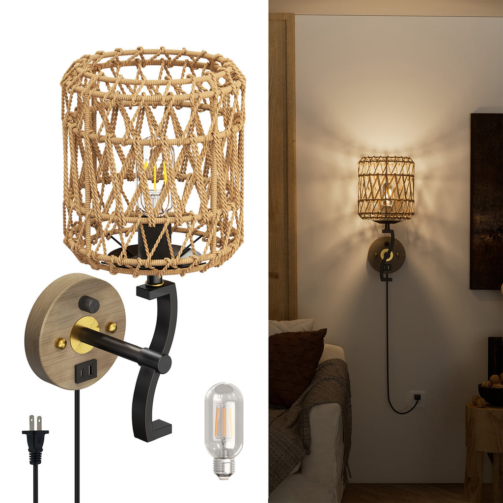 N11-1 Rattan Boho Plug In Wall Sconce Stepless Dimming for All Home Styles(Bulb Included)
