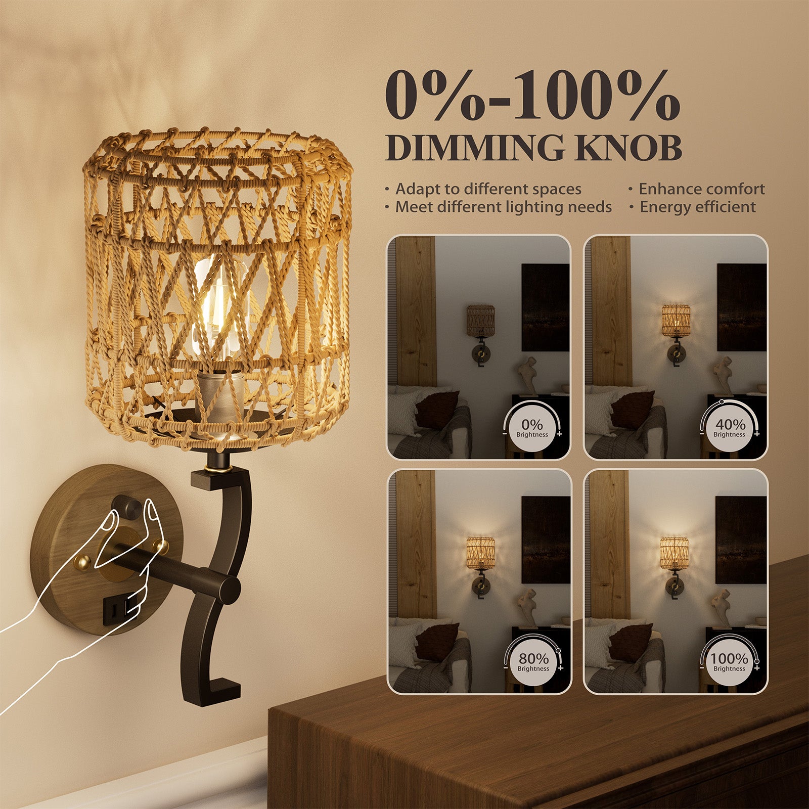 N11-1 Rattan Boho Plug In Wall Sconce Stepless Dimming for All Home Styles(Bulb Included)