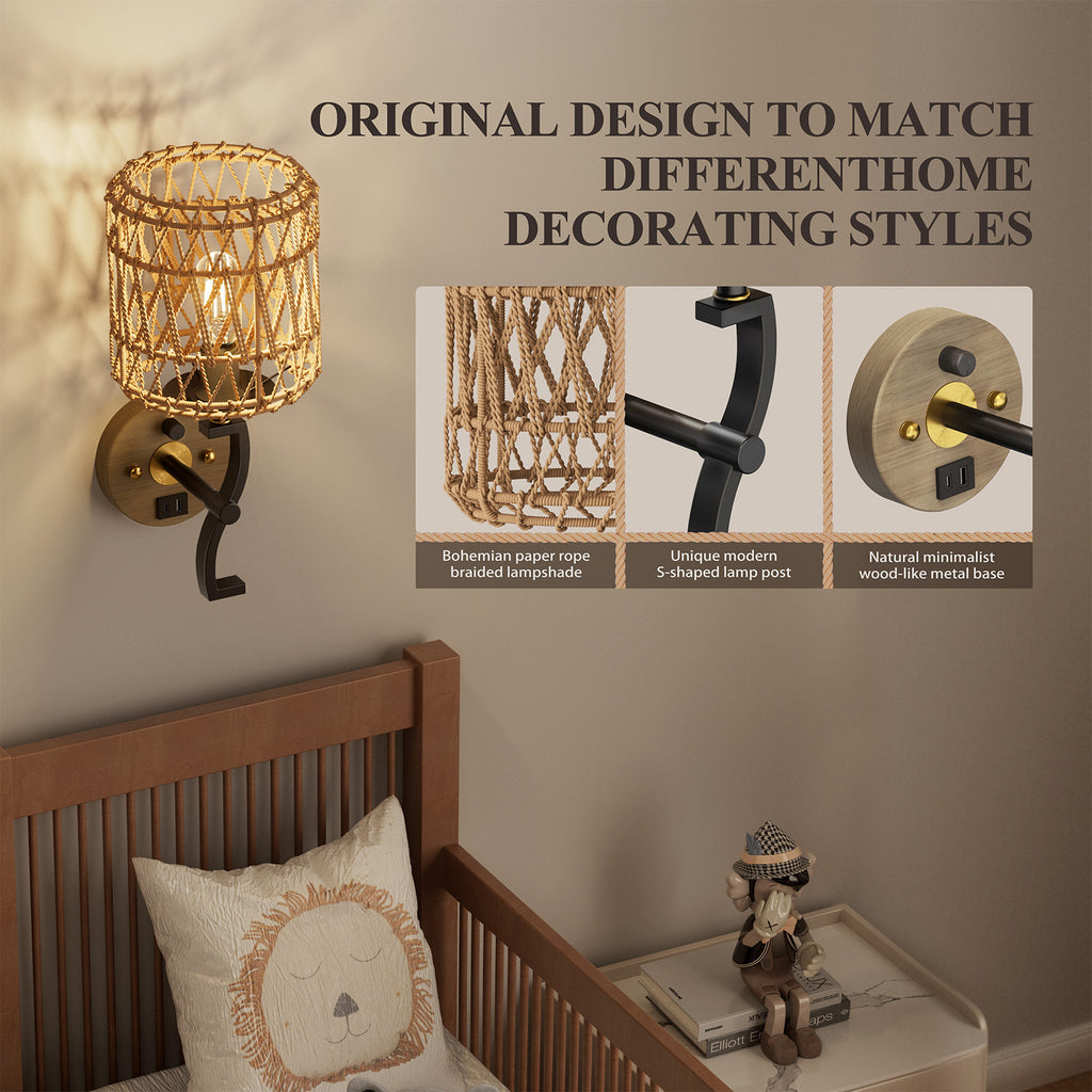 N11-1 Rattan Boho Plug In Wall Sconce Stepless Dimming for All Home Styles(Bulb Included)