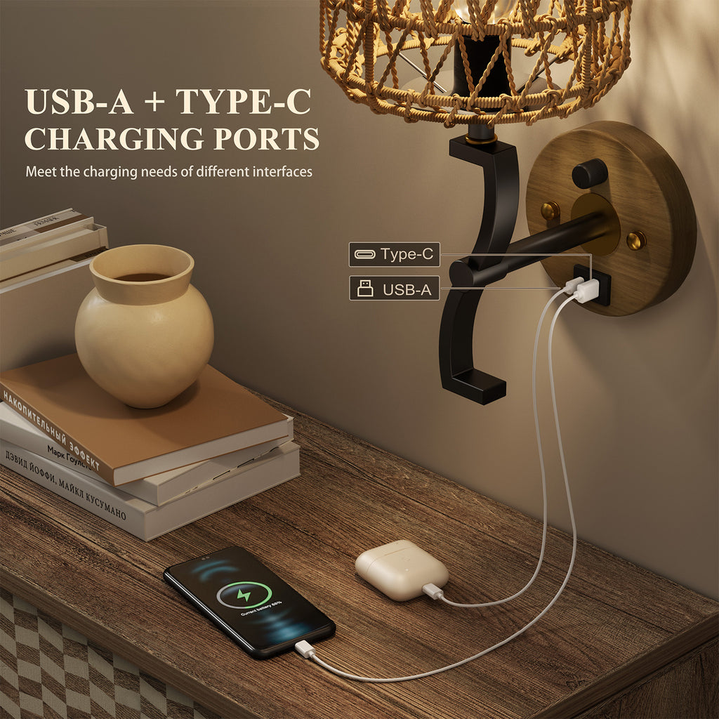 N11-1 Rattan Boho Plug In Wall Sconce Stepless Dimming for All Home Styles(Bulb Included)