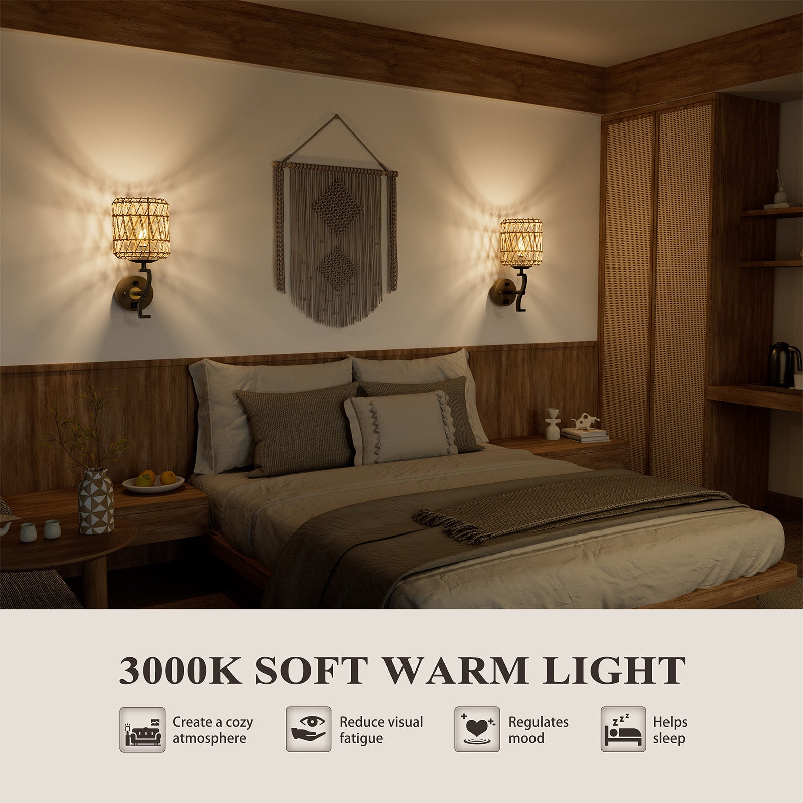 N11-1 Rattan Boho Plug In Wall Sconce Stepless Dimming for All Home Styles(Bulb Included)