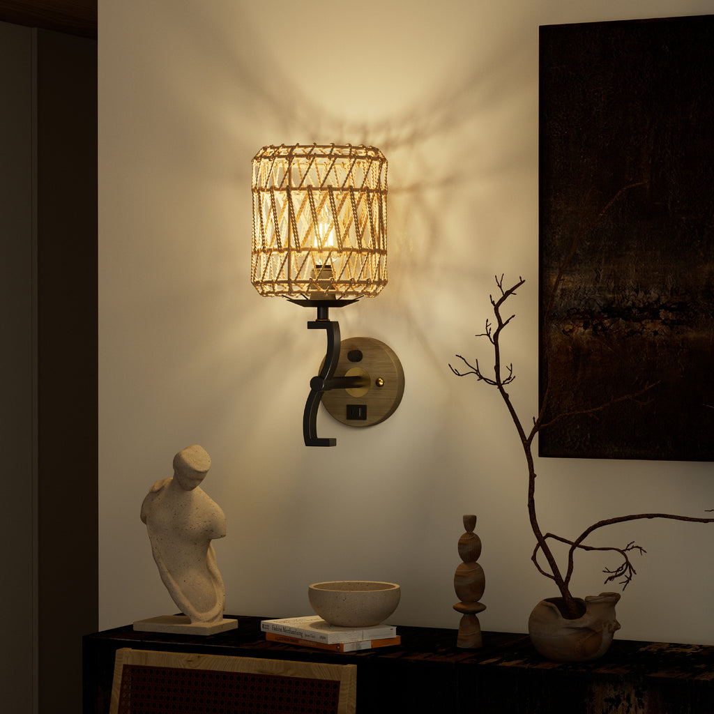 N11-1 Rattan Boho Plug In Wall Sconce Stepless Dimming for All Home Styles(Bulb Included)