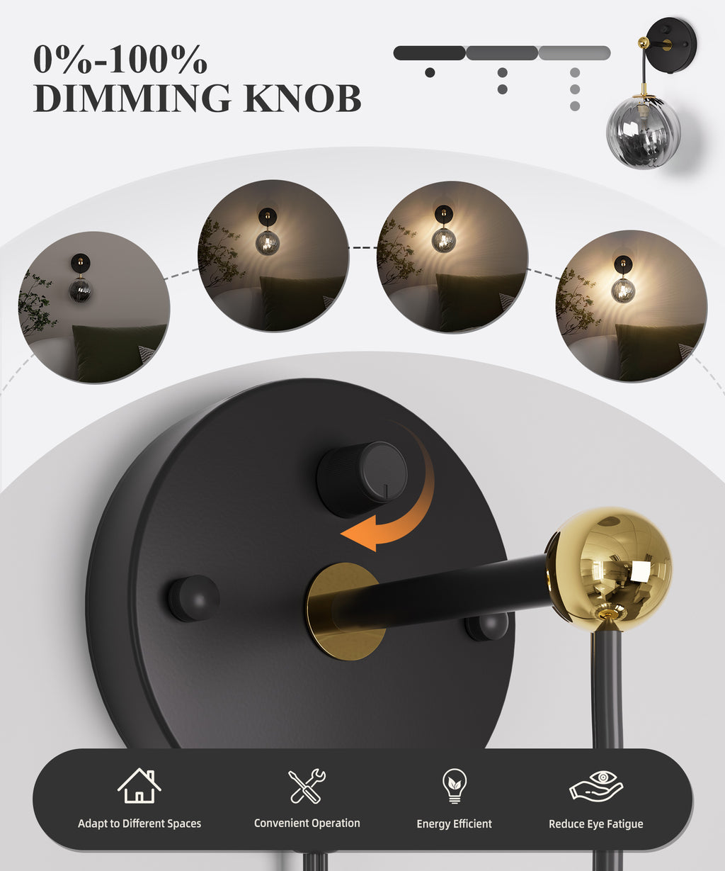 Modern Dimmable Wall Sconce with Smoked Grey Glass Ball Shade for All Home Styles(1W-3W G9 Bulb Included)