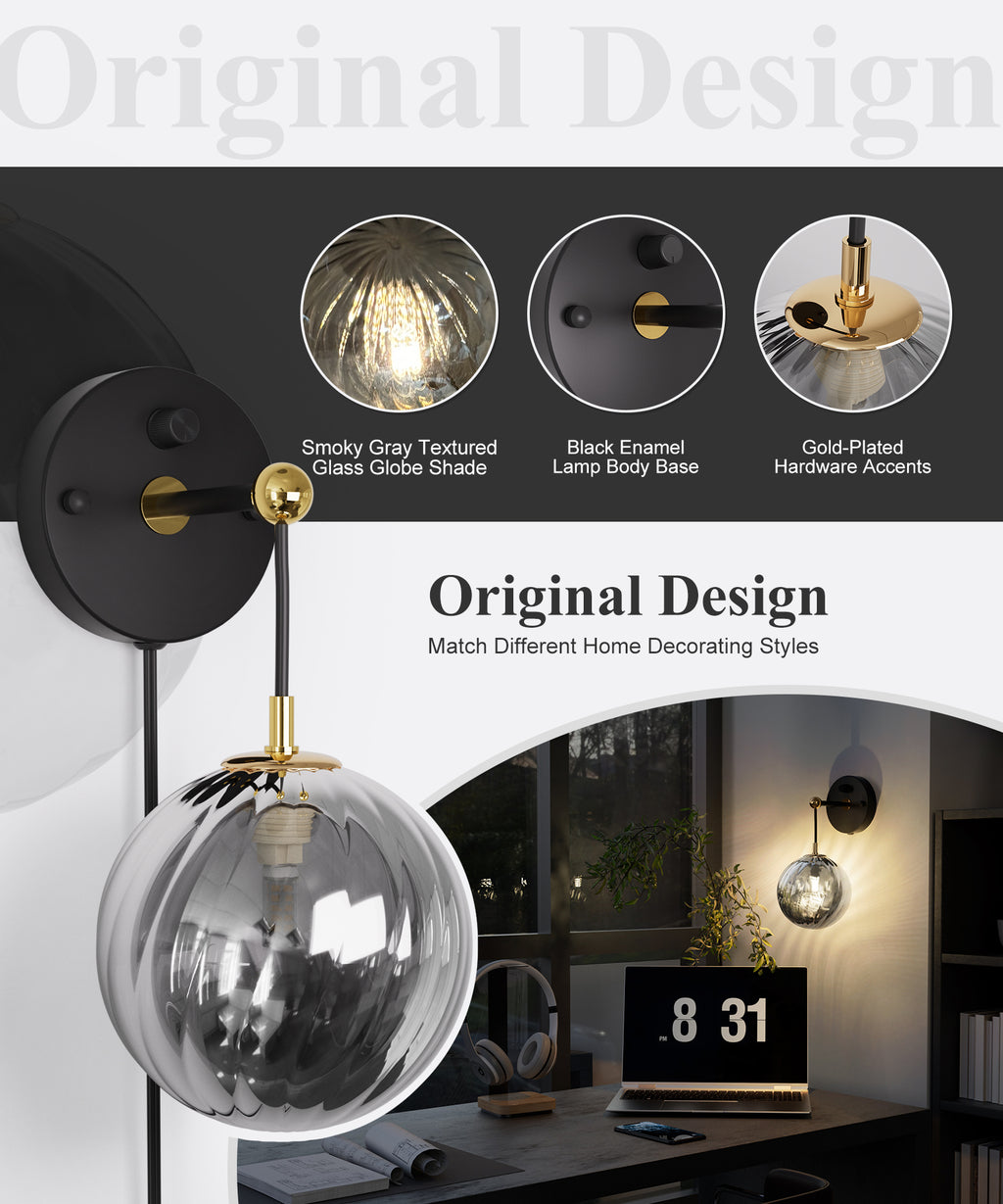 Modern Dimmable Wall Sconce with Smoked Grey Glass Ball Shade for All Home Styles(1W-3W G9 Bulb Included)