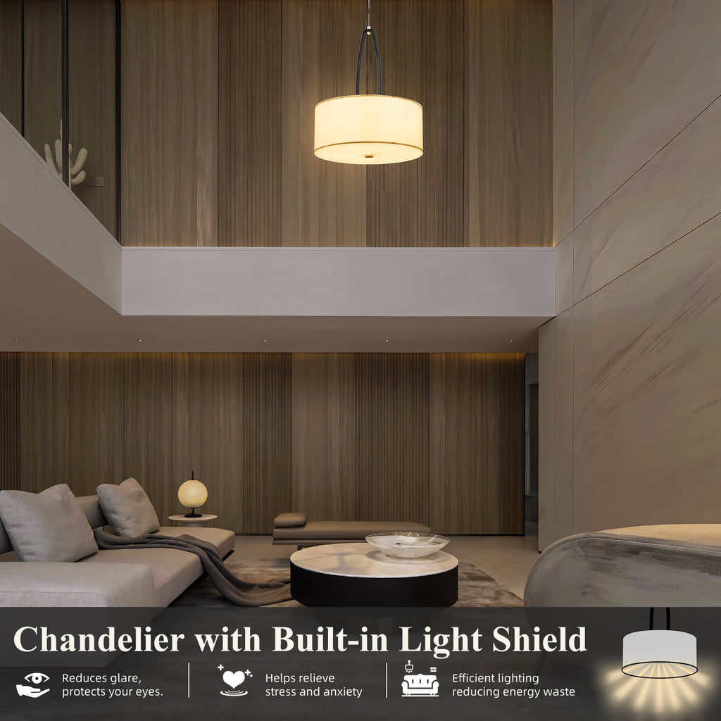 C07-4 Drum Ceiling Chandelier Linen Fabric Lampshade 3-Light for Bedroom