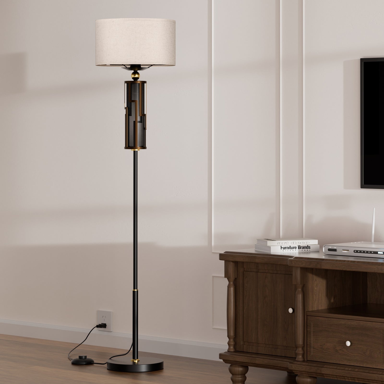 V07-5 Vintage Floor Lamp Simple Standing Lamps with Fabric Shade (Bulb Included)