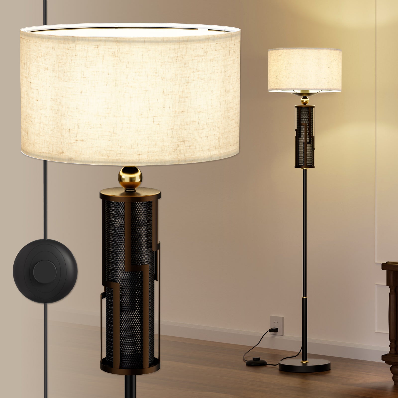 V07-5 Vintage Floor Lamp Simple Standing Lamps with Fabric Shade (Bulb Included)