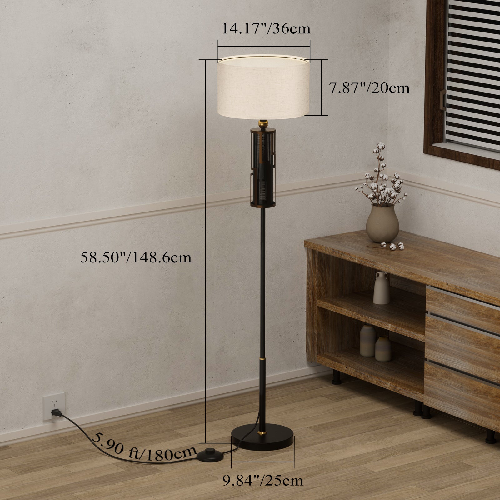 V07-5 Vintage Floor Lamp Simple Standing Lamps with Fabric Shade (Bulb Included)