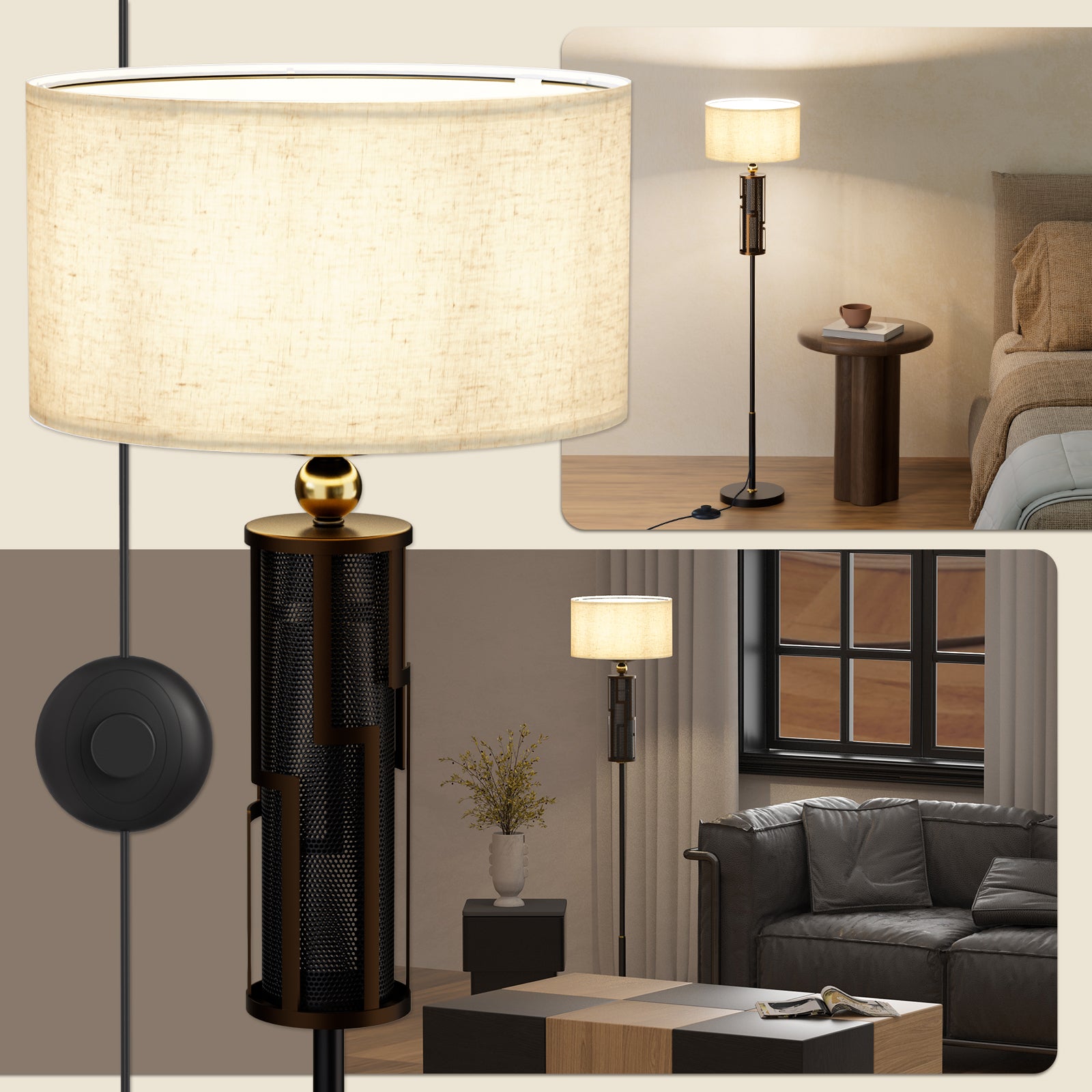 V07-5 Vintage Floor Lamp Simple Standing Lamps with Fabric Shade (Bulb Included)