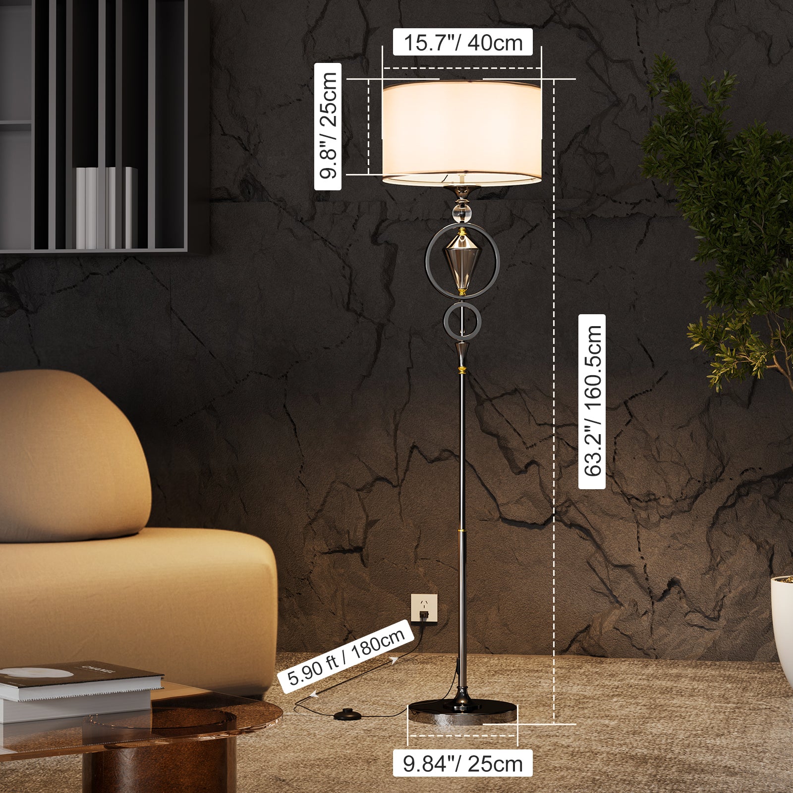 C06-4 Modern Diamond Floor Lamp with White Shade Foot Pedal Switch for All Home styles