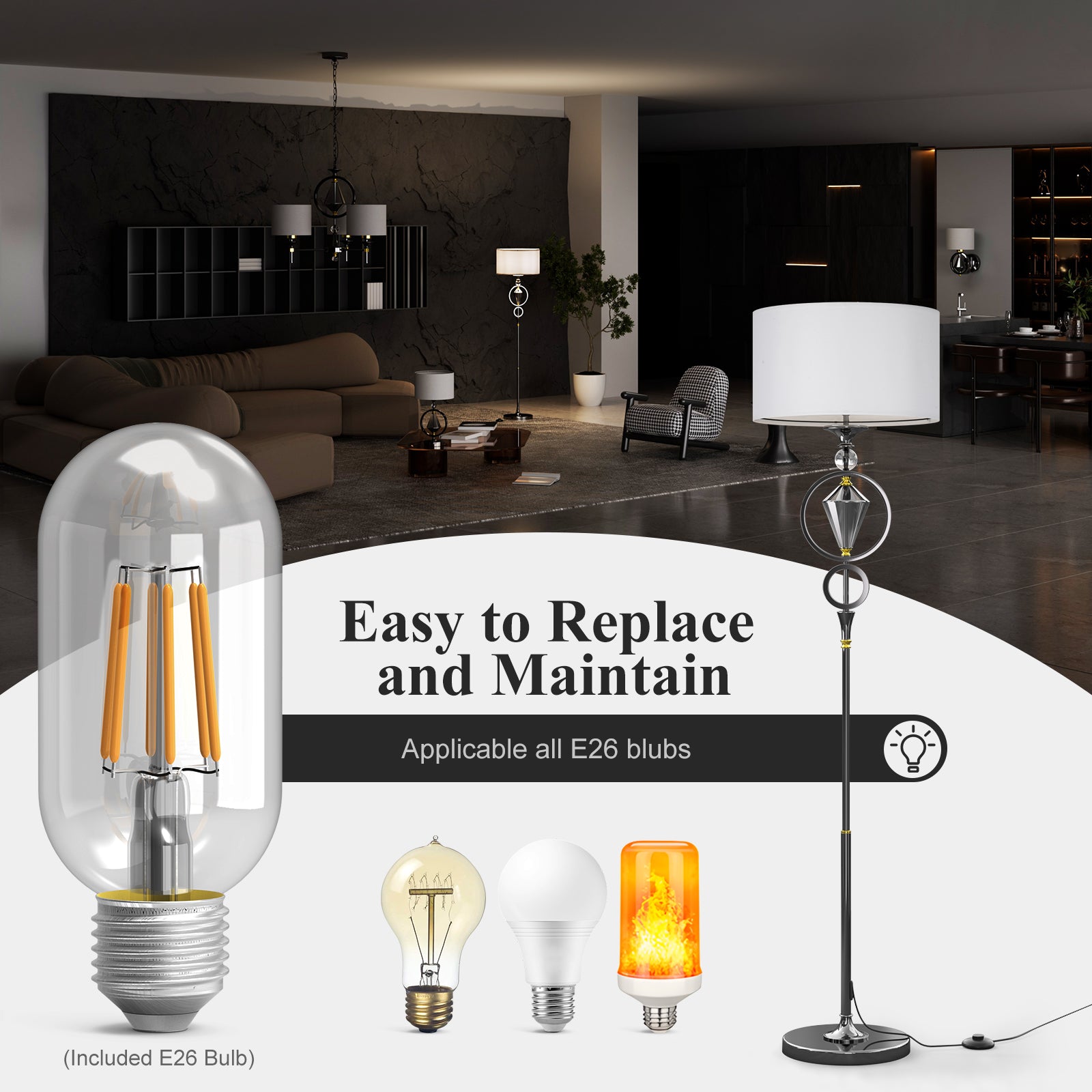 C06-4 Modern Diamond Floor Lamp with White Shade Foot Pedal Switch for All Home styles