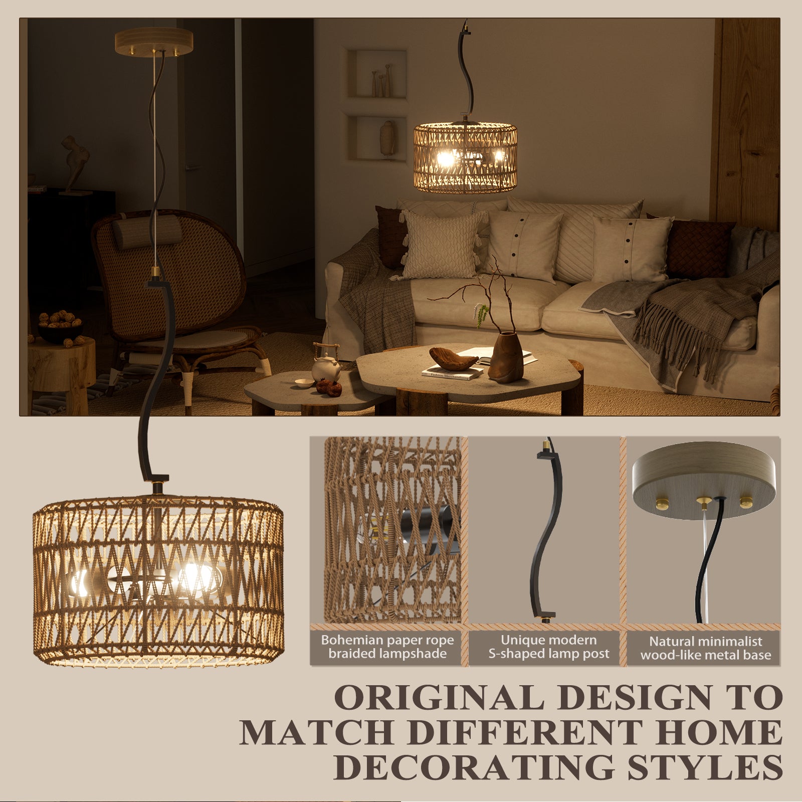 N11-4-2 Adjustable 3-Light Pendant Light Boho Chandelier for All Home Styles