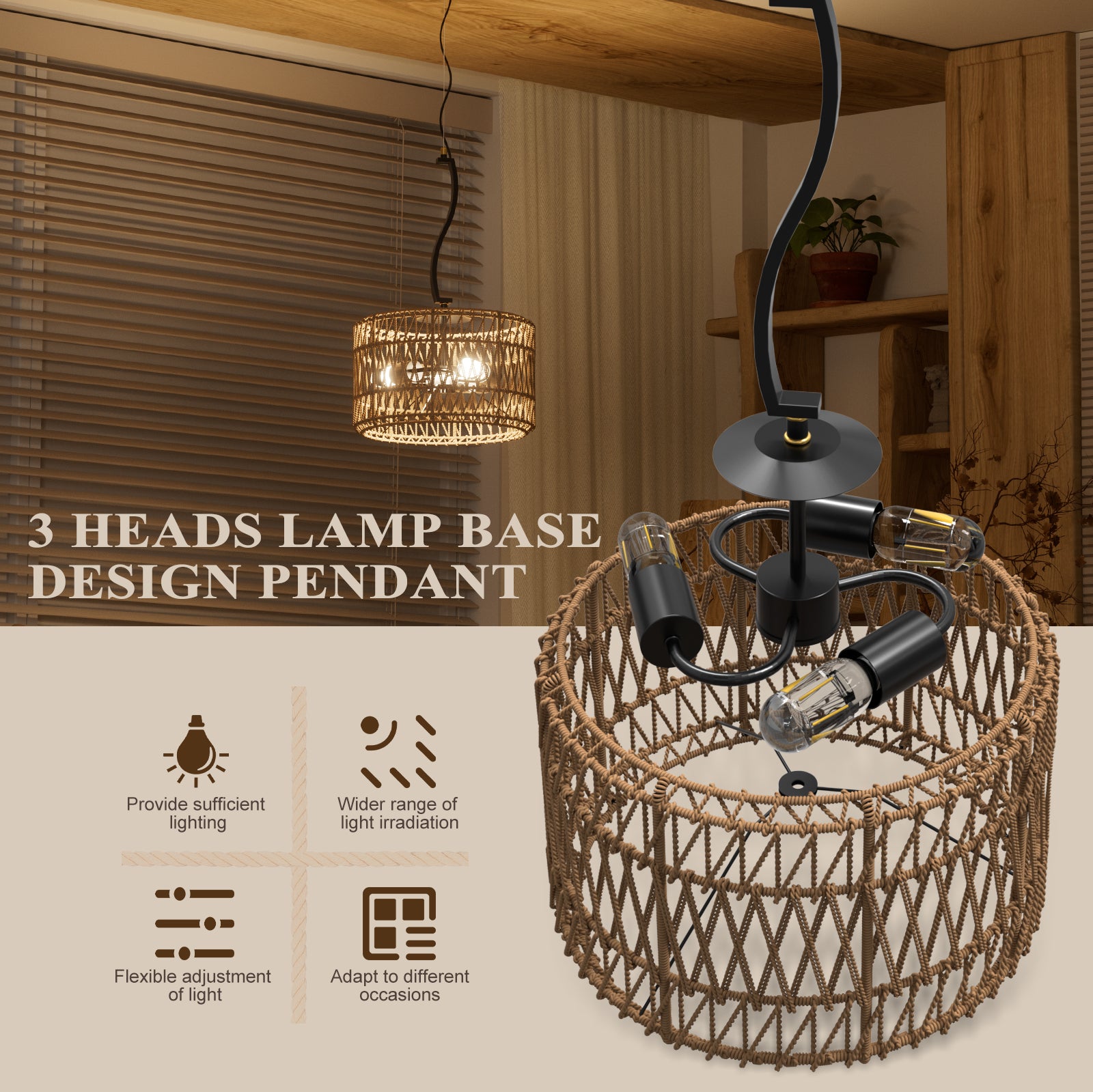 N11-4-2 Adjustable 3-Light Pendant Light Boho Chandelier for All Home Styles