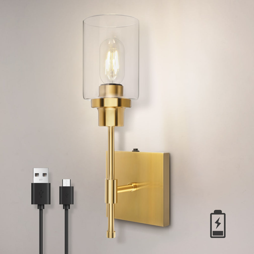C02 Battery Operated Wall Sconces with Glass Shade for All Home Style（Bulb Included）