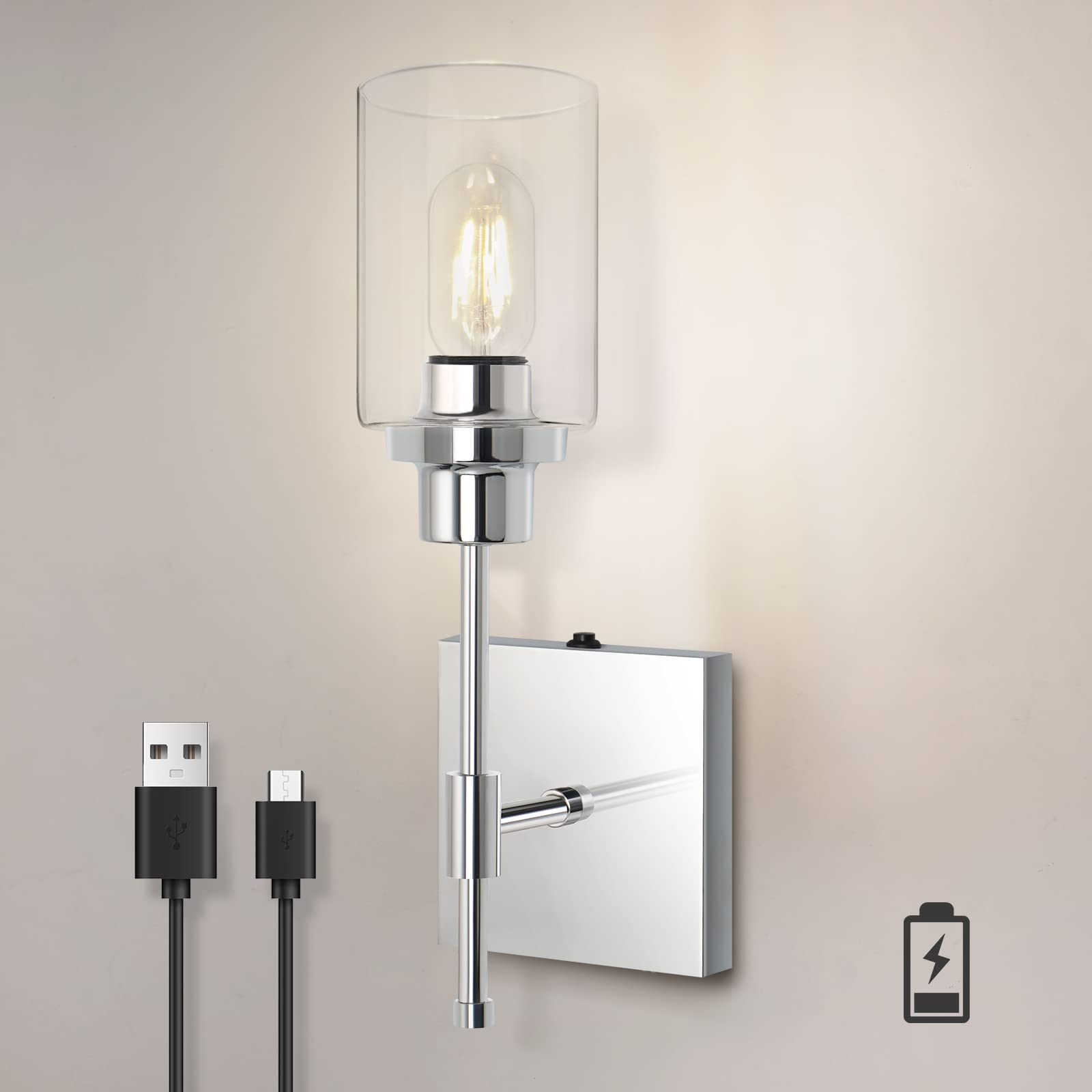 C02 Battery Operated Wall Sconces with Glass Shade for All Home Style（Bulb Included）