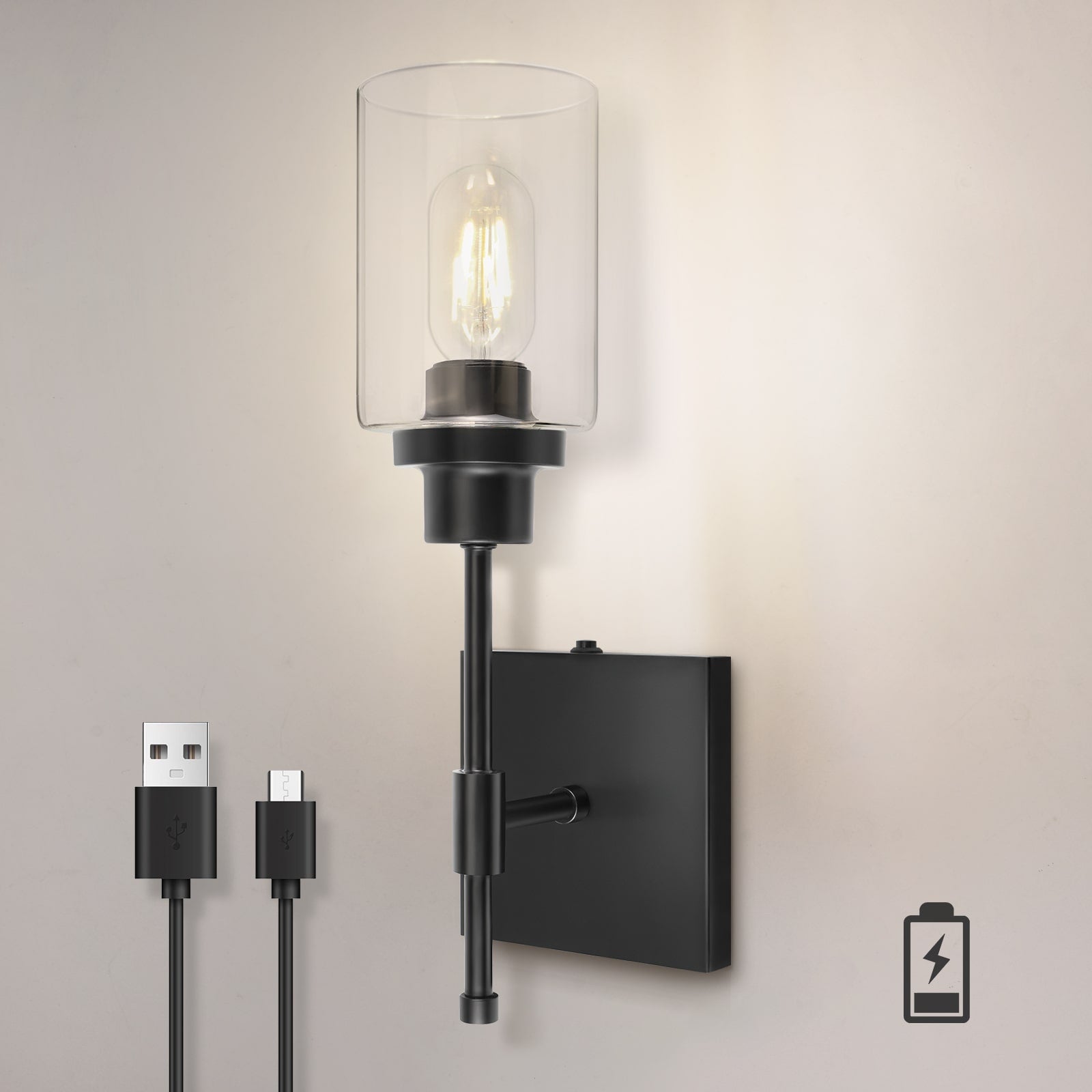 C02 Modern Rechargeable Living Room Wall Sconce Lights with Glass Shade