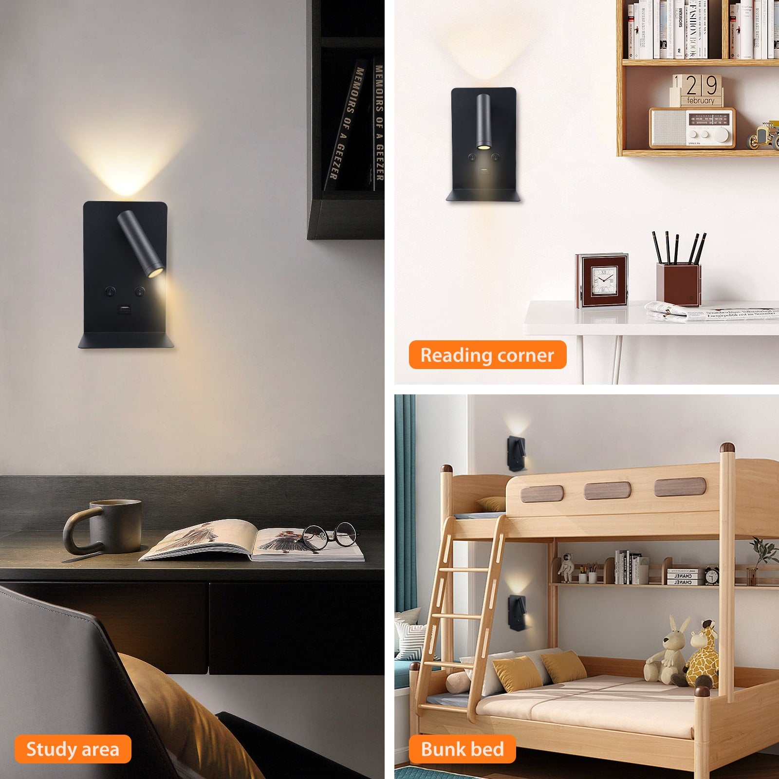 M03 Modern LED Wall Light Bedside Reading Light with USB Port