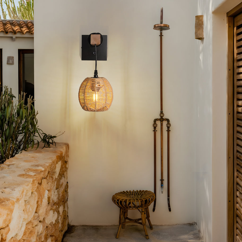 N01 Rattan Boho Wall Sconce - Dimmable LED Lighting for Any Space(Bulb Included）