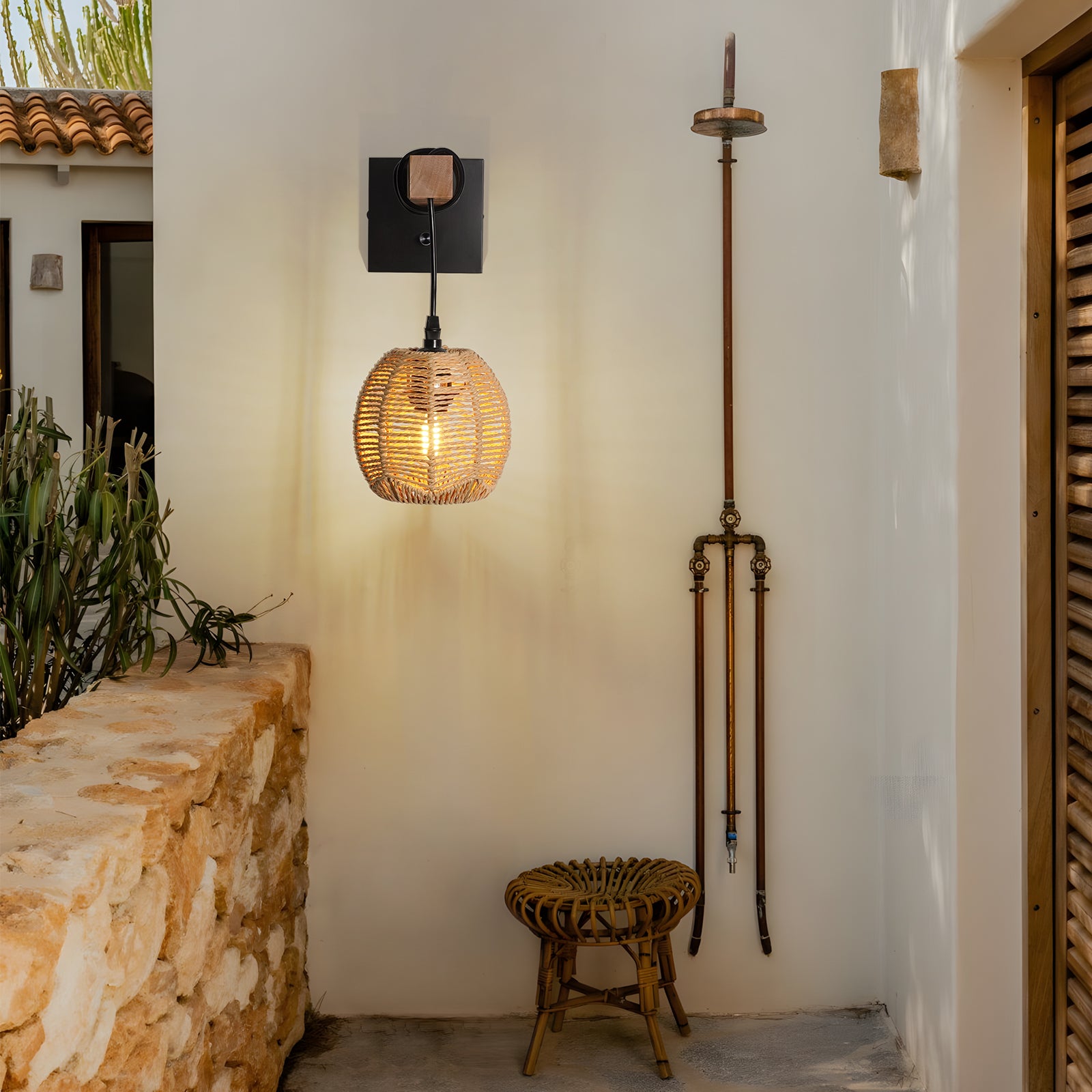 N01 Rattan Boho Wall Sconce - Dimmable LED Lighting for Any Space(Bulb Included）