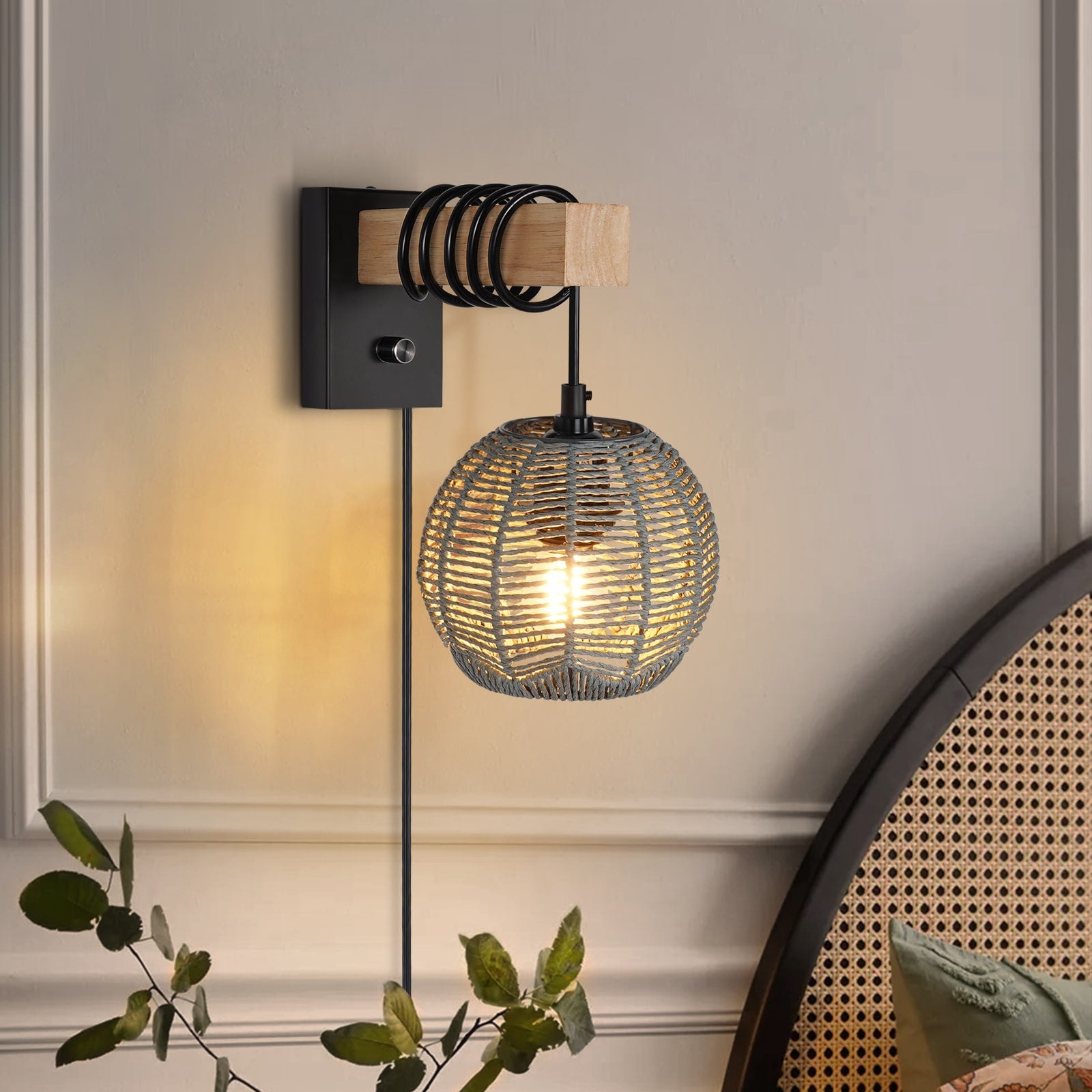 N01 Rattan Boho Wall Sconce - Dimmable LED Lighting for Any Space(Bulb Included）